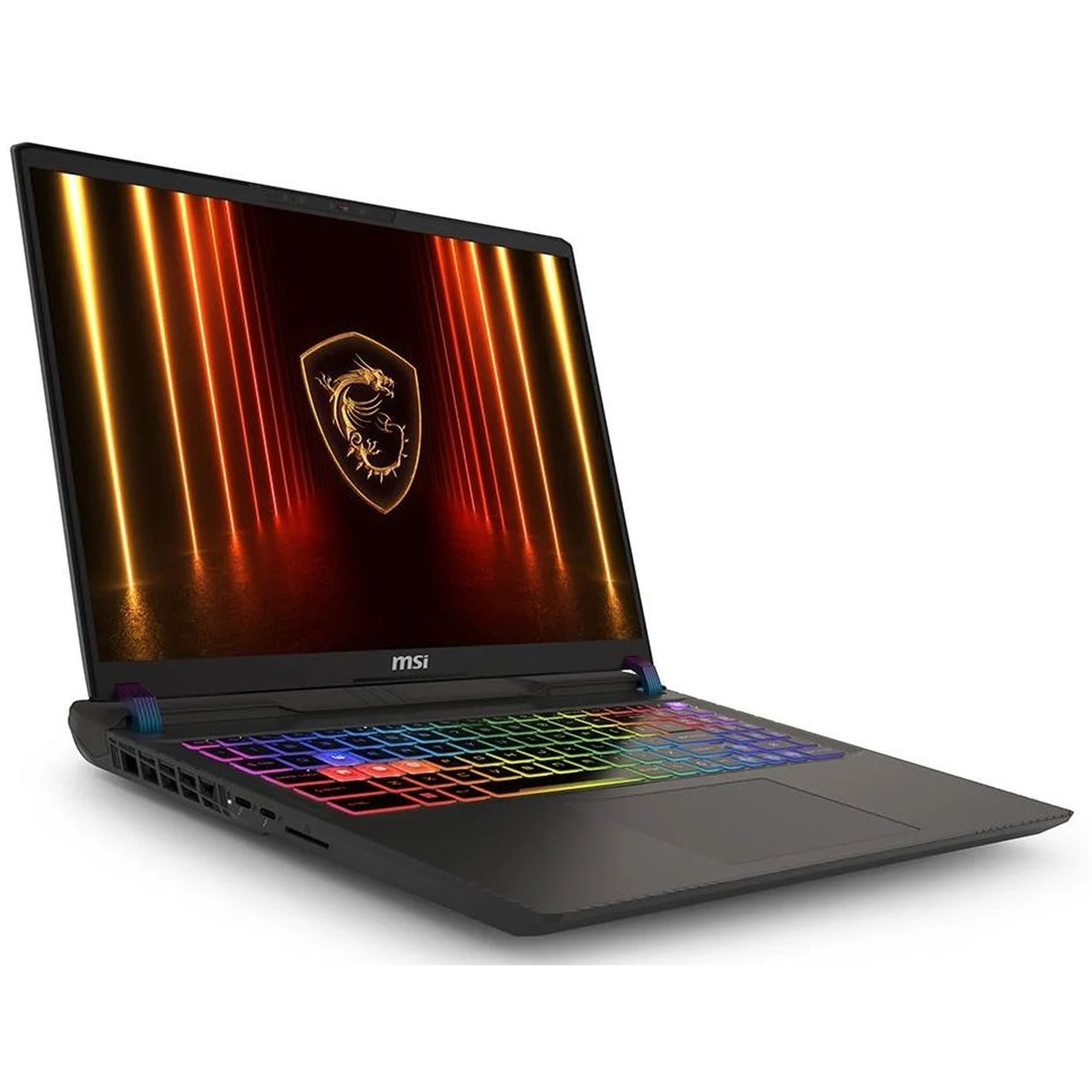 Renkli RGB klavyeye ve parlayan ekranda ejderha logosuna sahip siyah bir MSI oyuncu dizüstü bilgisayarı.