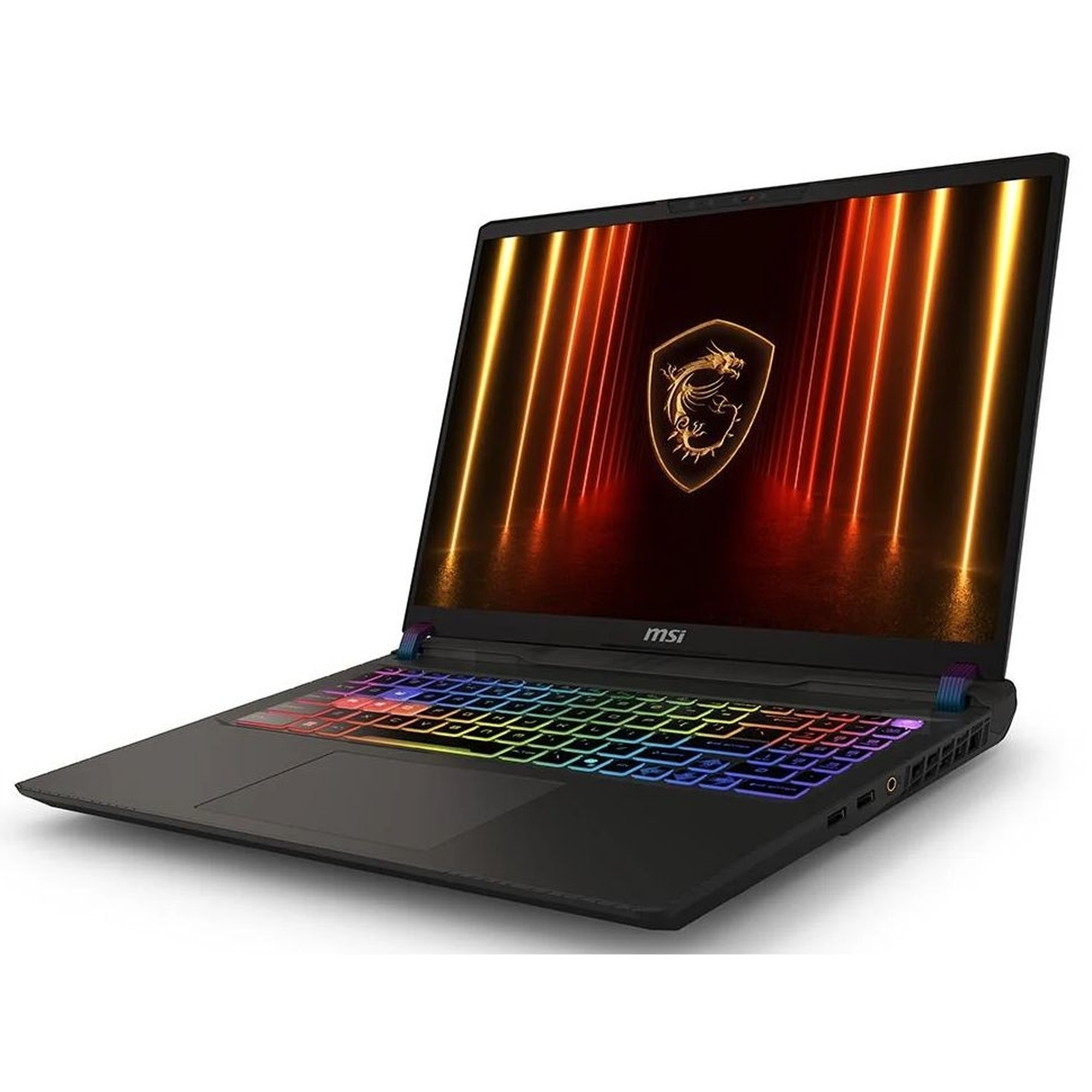 Klavyesinde RGB aydınlatma ve ekranda kırmızı ejderha logo olan siyah bir MSI oyuncu dizüstü bilgisayarı.