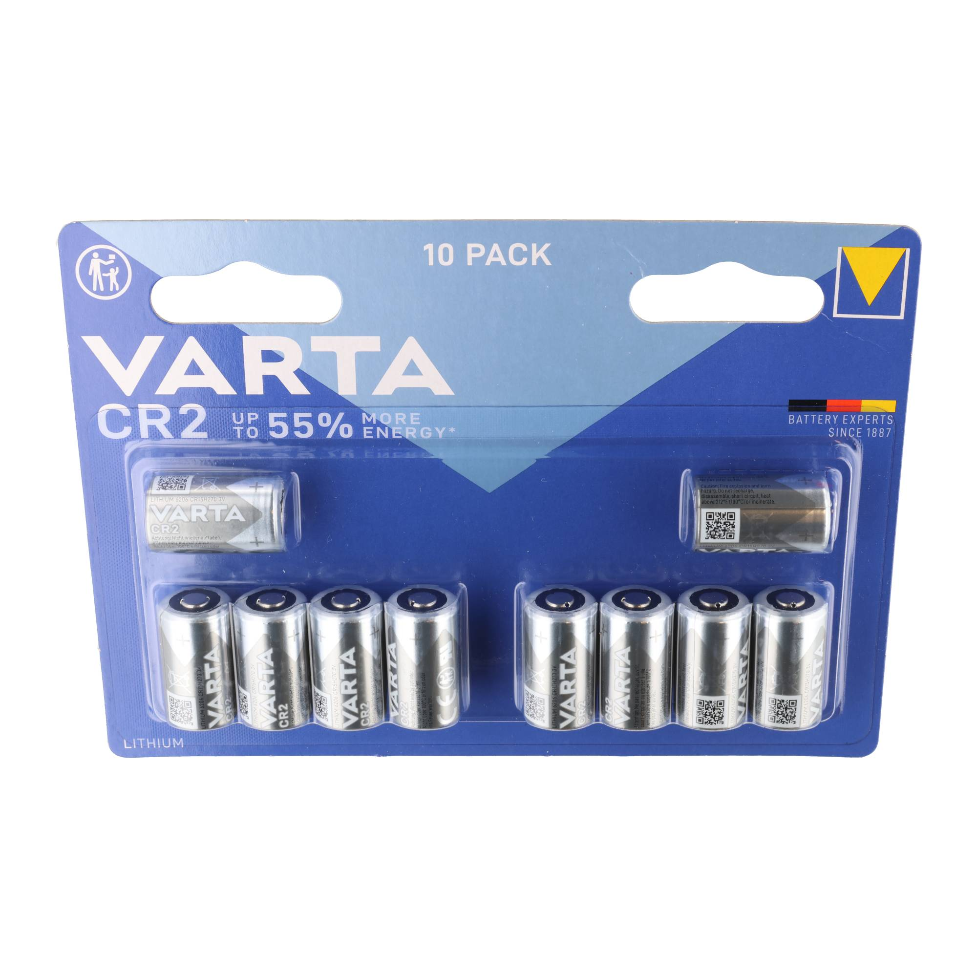 Eine Varta CR2 Lithium-Batterien-10er-Packung in blauer Verpackung auf weißem Hintergrund.