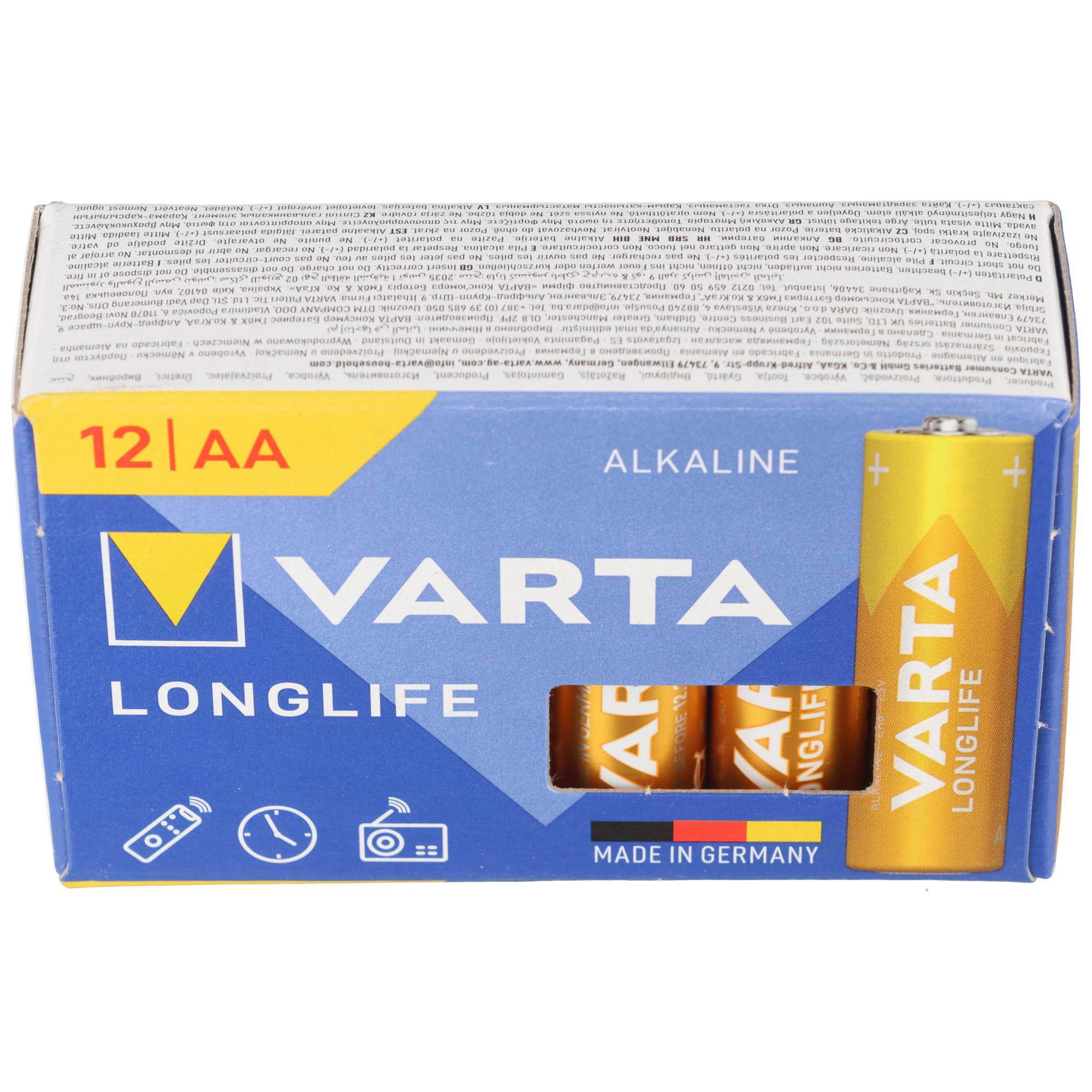 Paquete de pilas Varta Alkaline Longlife azul y amarillo, Made in Germany.