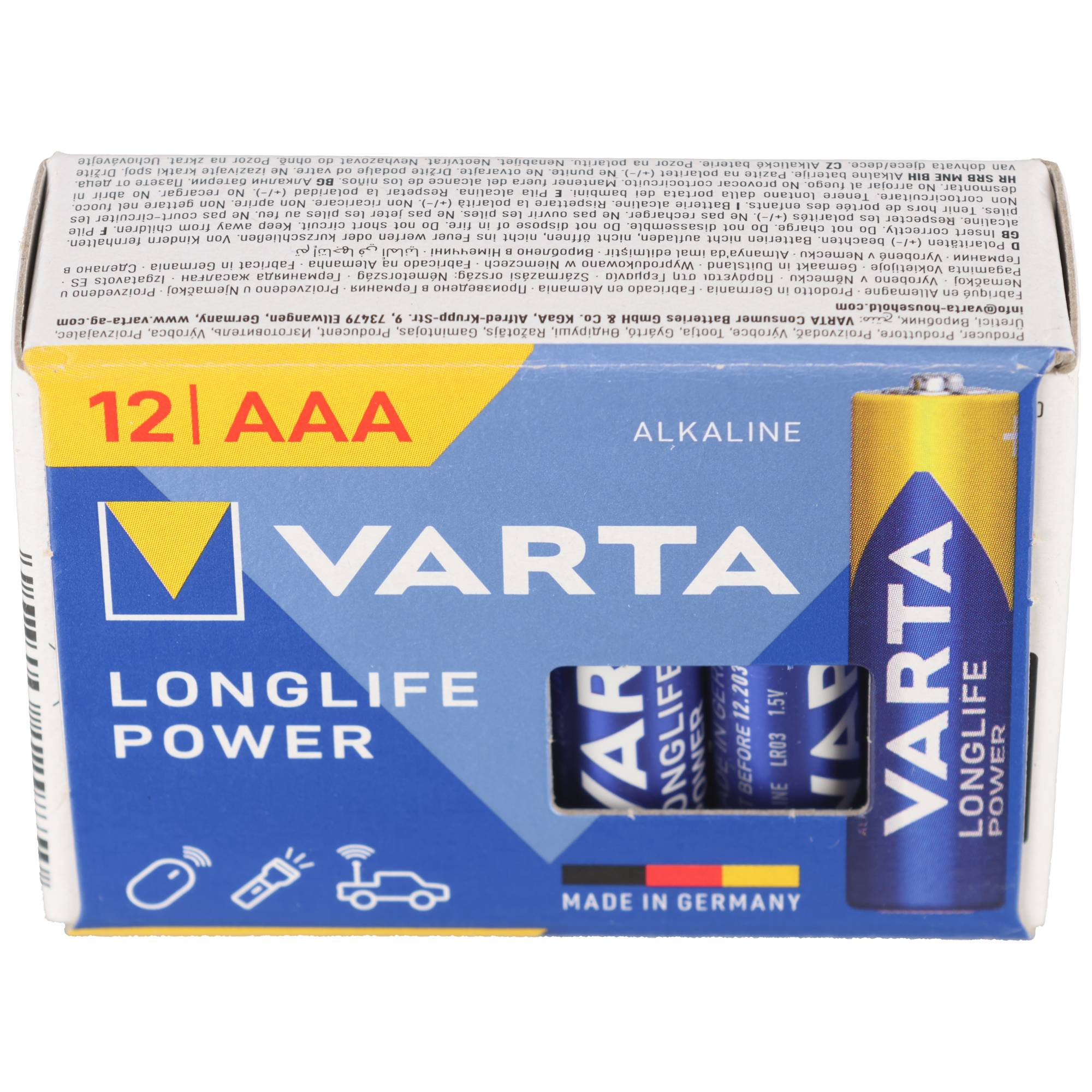 Varta Longlife Power AAA alkaline battery pack with blue and yellow design.