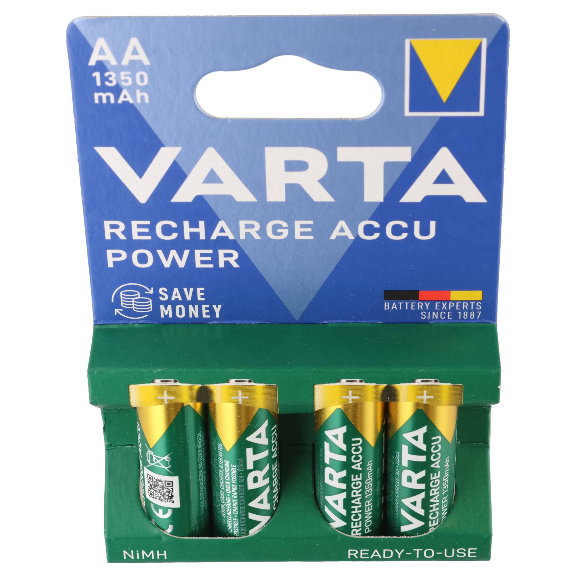 Vier grüne Varta AA-Akkus in einer blau-grünen Verpackung mit der Aufschrift Recharge Accu Power.