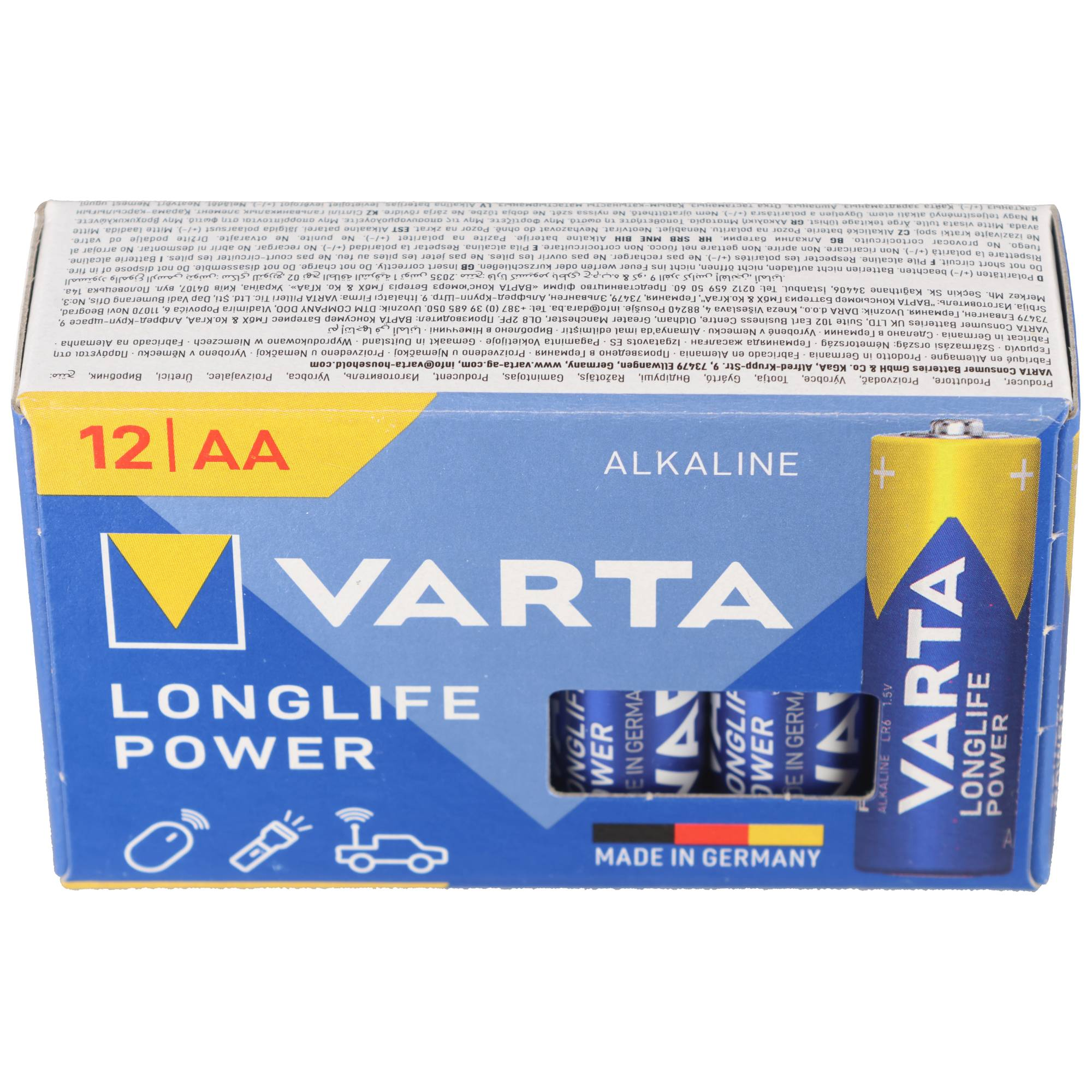Paquete de pilas alcalinas Varta Longlife Power en azul y amarillo, hecho en Alemania.
