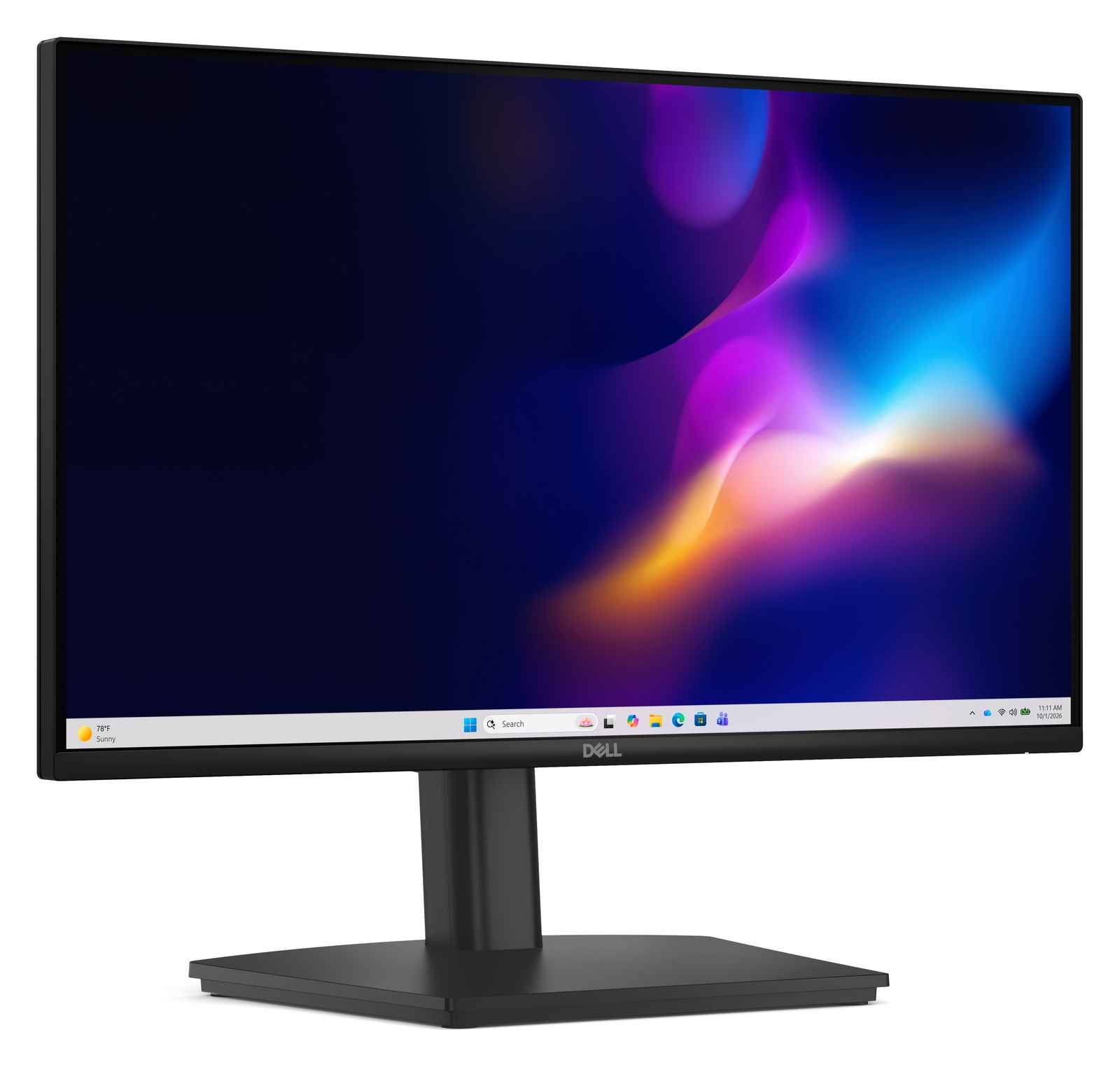Monitor Dell nero che mostra un vivace sfondo astratto e una barra delle applicazioni di Windows.