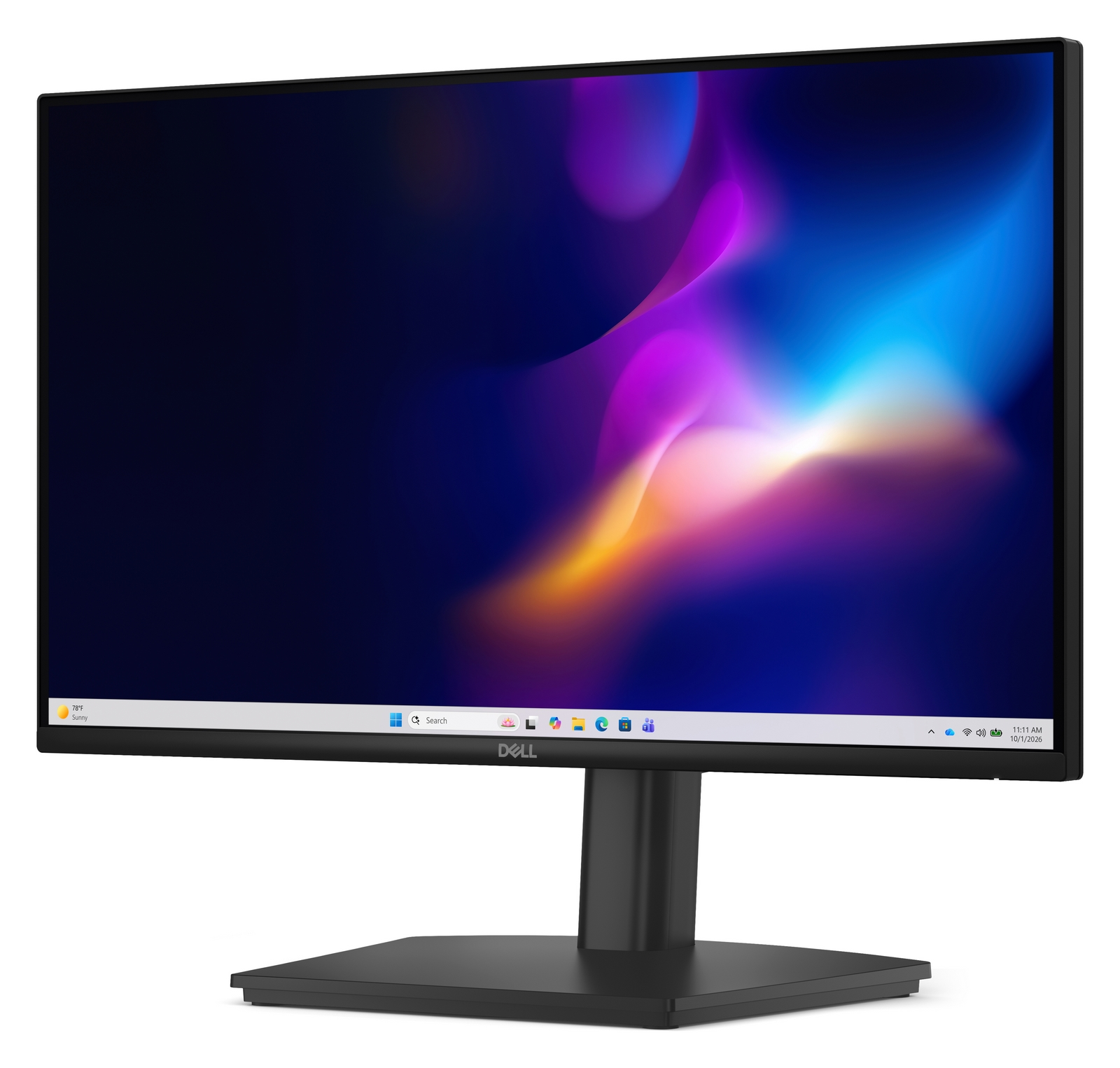 Un monitor Dell nero su supporto che mostra uno sfondo astratto e colorato.