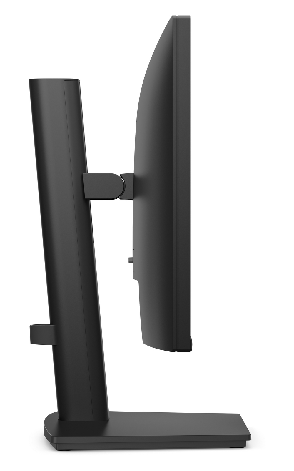 Vista laterale di un monitor per computer nero con supporto regolabile su sfondo bianco.