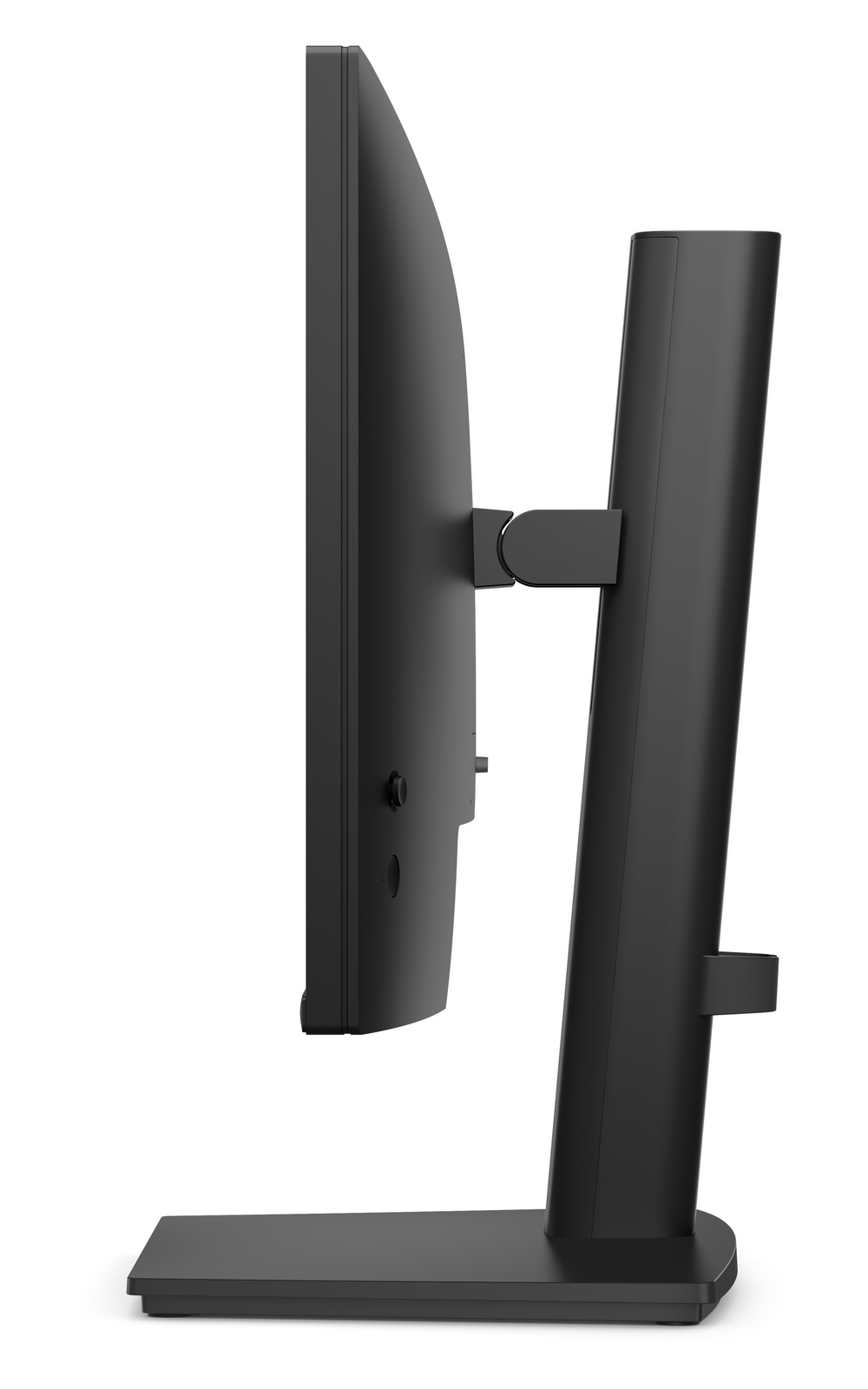 Vista laterale di un moderno monitor per computer nero su supporto con sfondo bianco.