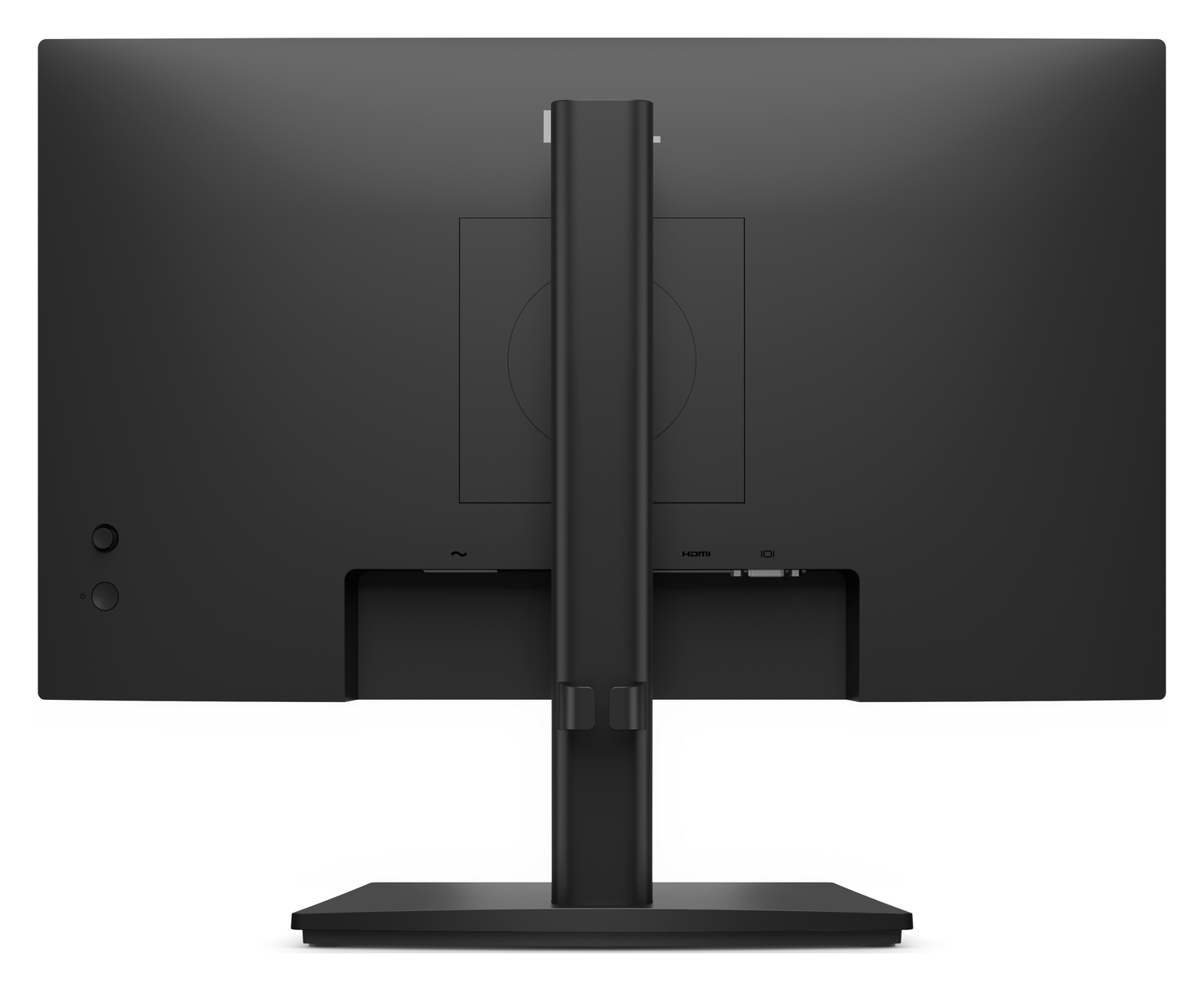 Vista posteriore di un monitor nero con supporto centrale, pannello porte e pulsanti a sinistra.