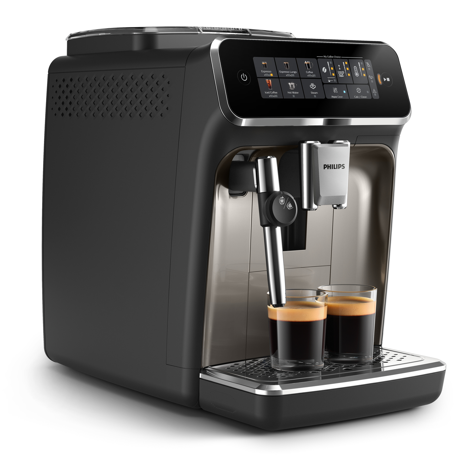 Una macchina da caffè automatica Philips nera eroga caffè in due bicchierini su un vassoio.