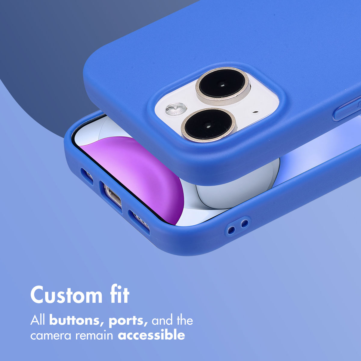 Ein blaues Smartphone in einer blauen Schutzhülle vor blauem Hintergrund mit weißem Text.