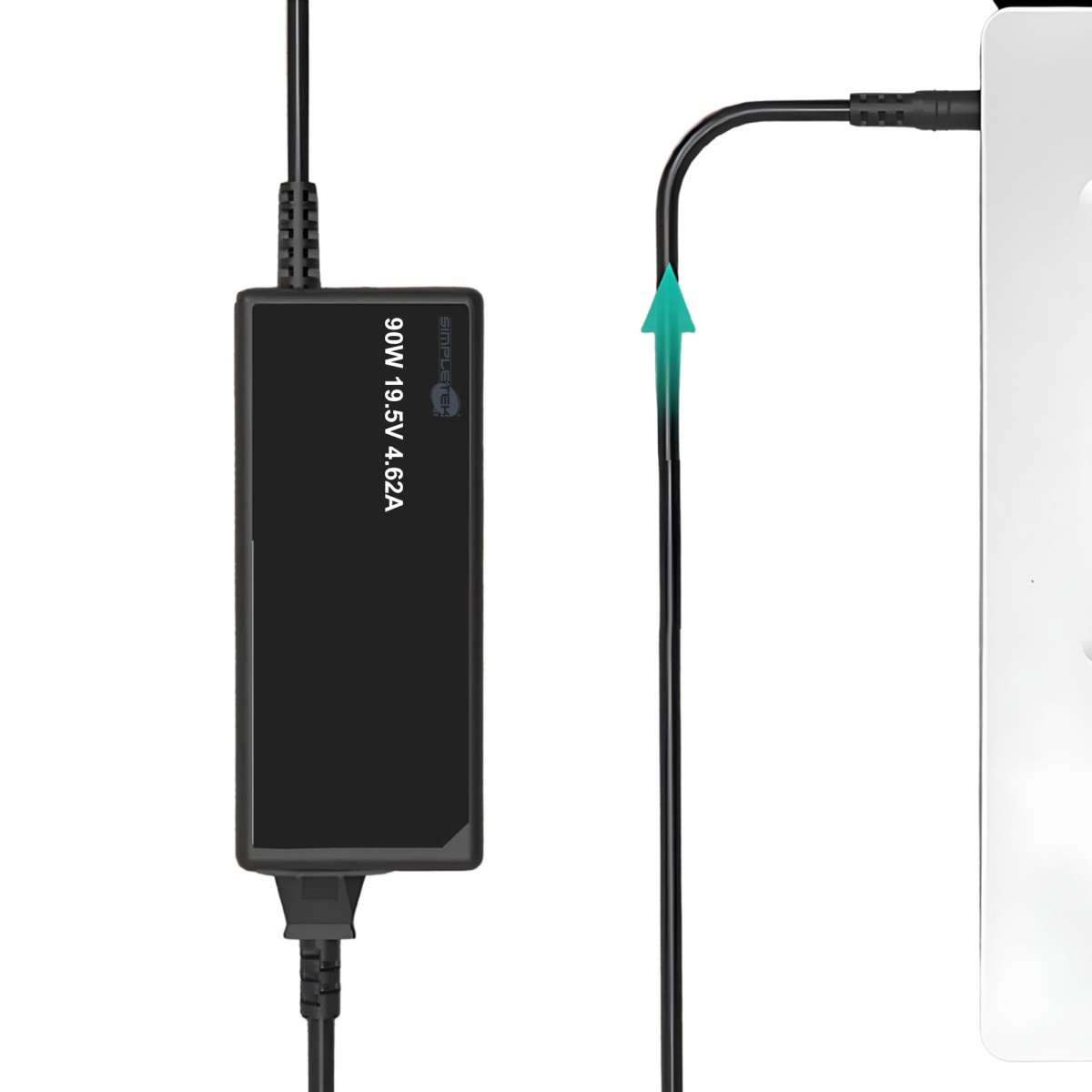 Ein schwarzer 90W 19.5V 4.62A Laptop-Netzteilblock mit angeschlossenen Kabeln.