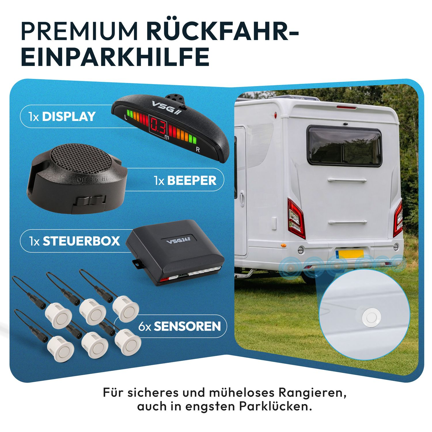 Rückfahreinparkhilfe Set mit Display, Beeper, Steuerbox und 6 Sensoren an weißem Wohnmobil.