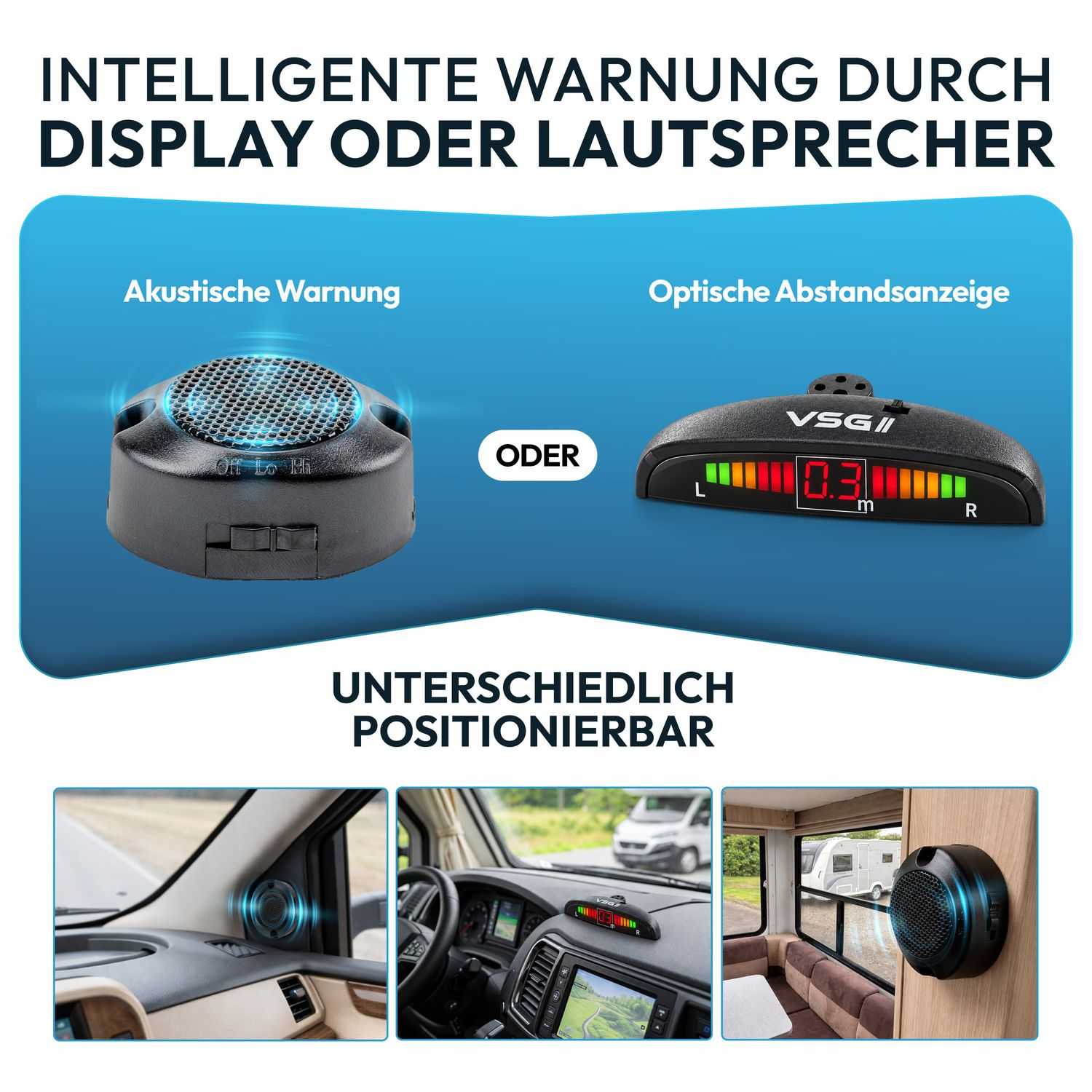 Akustische und optische Parkwarner für Wohnmobile mit verschiedenen Installationsbeispielen.