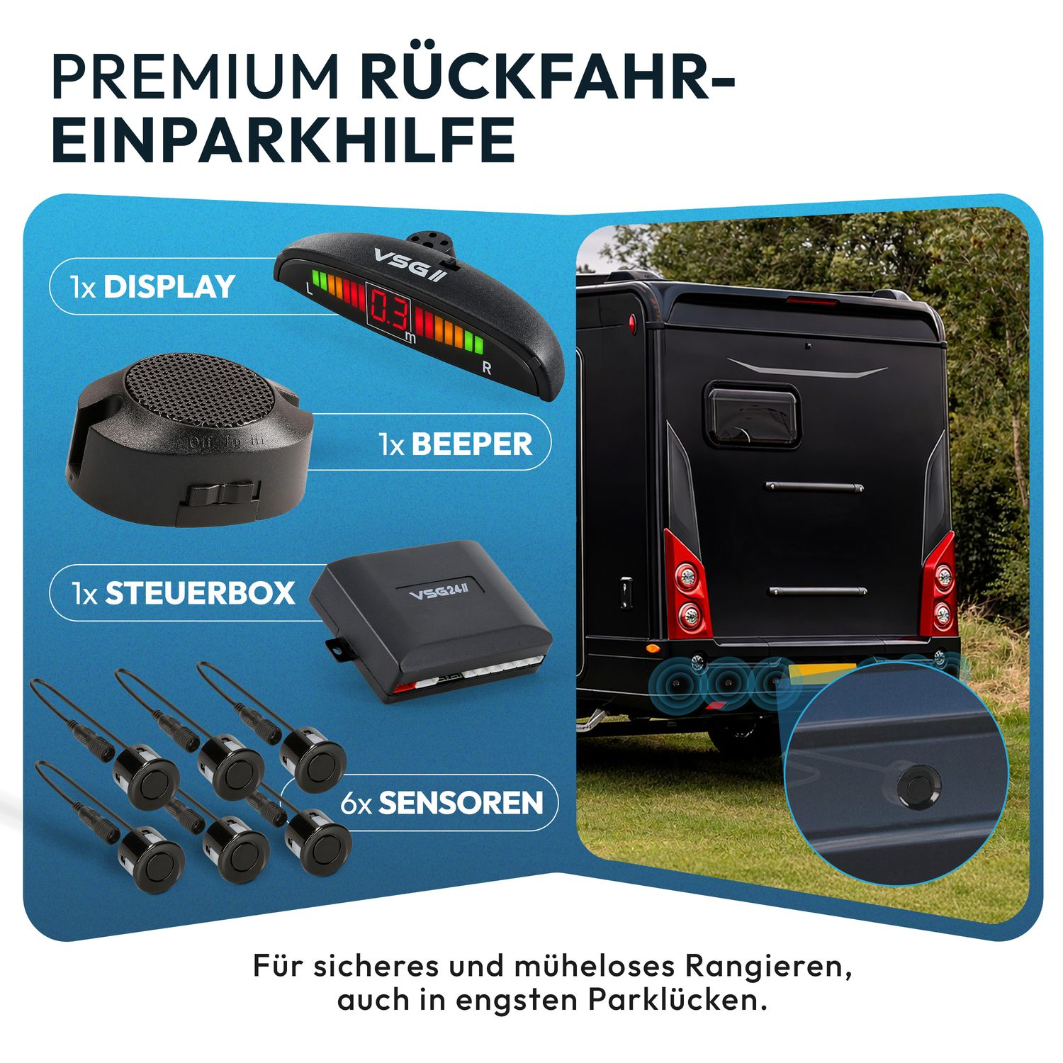Premium-Rückfahreinparkhilfe mit Display, Beeper, Steuerbox und sechs Sensoren vor einem Wohnmobil.