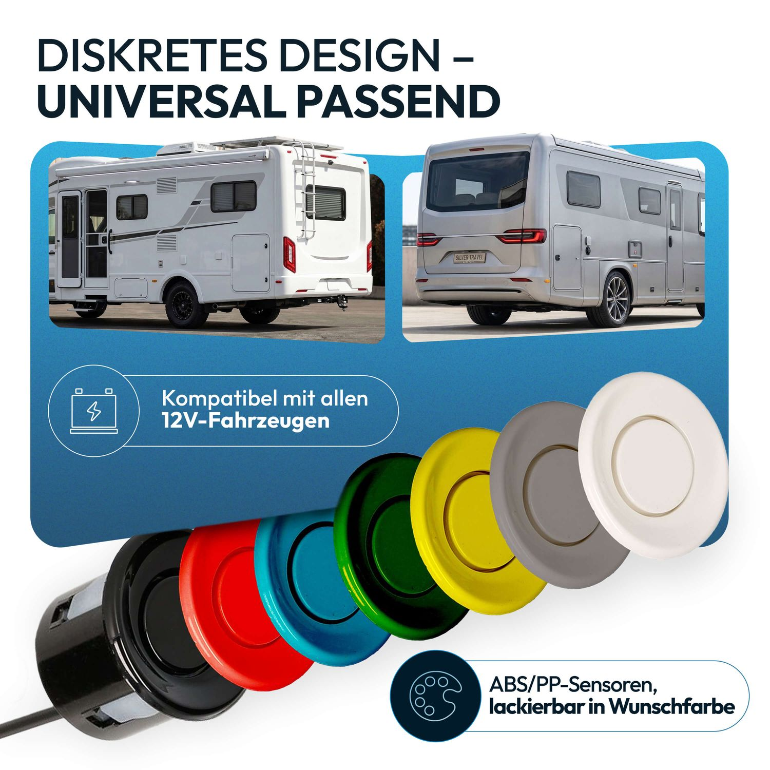 Parksensoren in verschiedenen Farben vor Wohnmobil, Text zu universeller Passform und 12V-Kompatibilität.