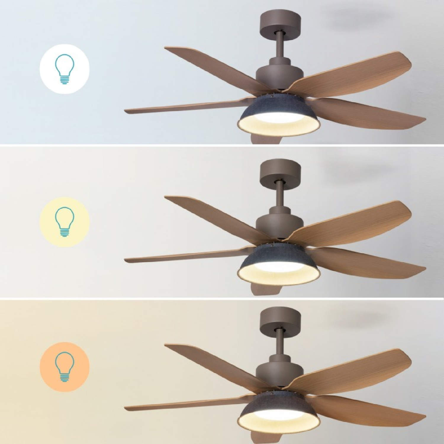 Tres ventiladores de techo idénticos con aspas de madera y lámparas encendidas muestran diferentes temperaturas de color.