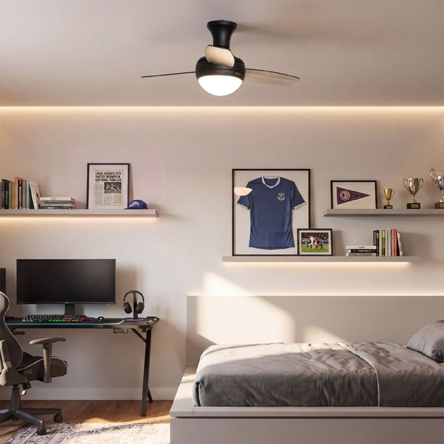 Moderna camera da letto con scrivania, letto, ripiani illuminati e ventilatore da soffitto.