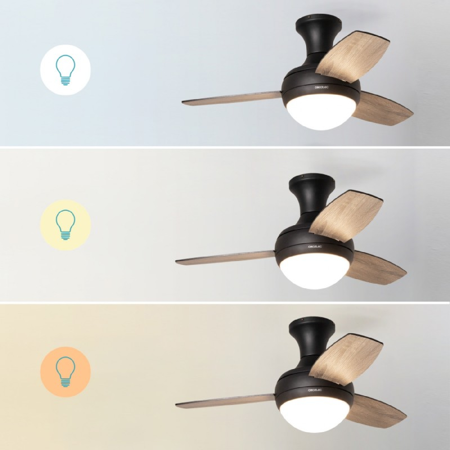 Ventilatore da soffitto con pale in legno e luce integrata in tre diverse temperature.