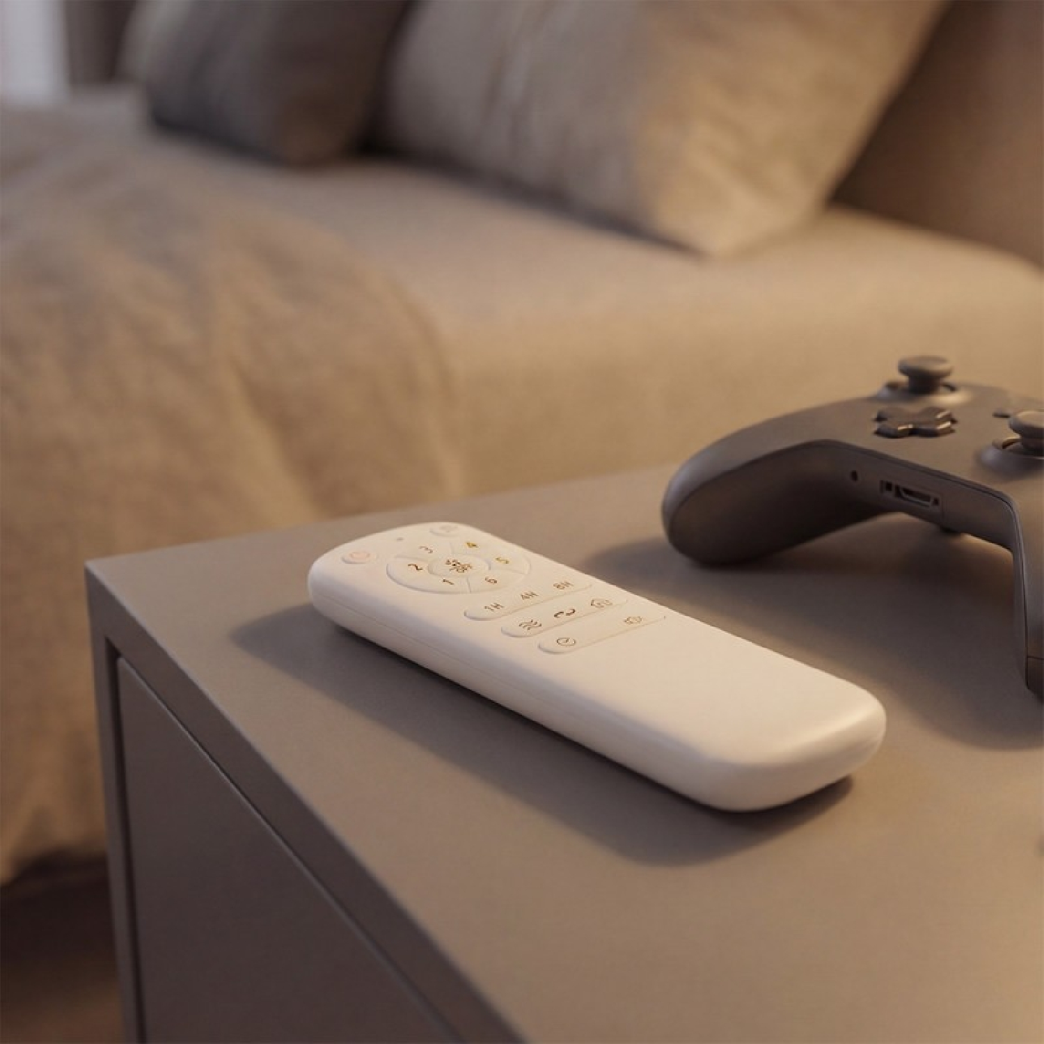 Un telecomando bianco e un controller nero sono appoggiati su un comodino in camera da letto.
