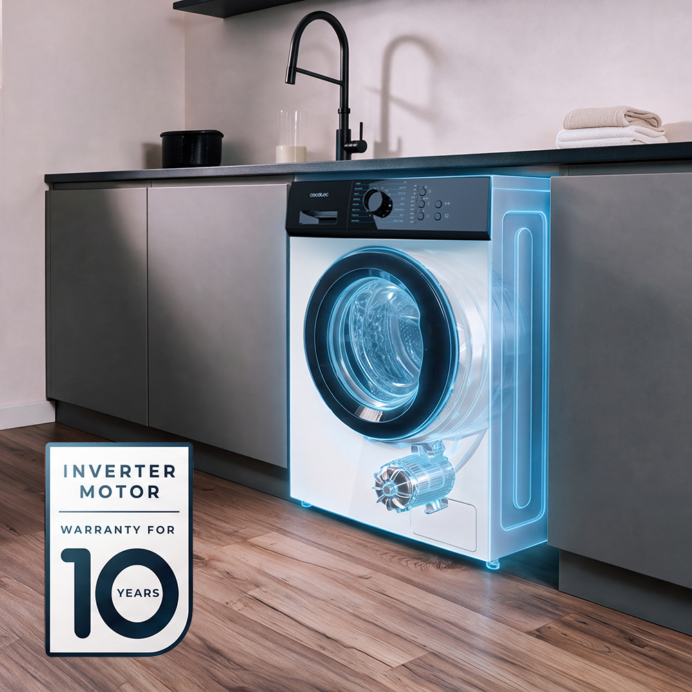 Lavadora blanca en una cocina con luz azul que destaca el motor inverter y un sello de garantía de 10 años.
