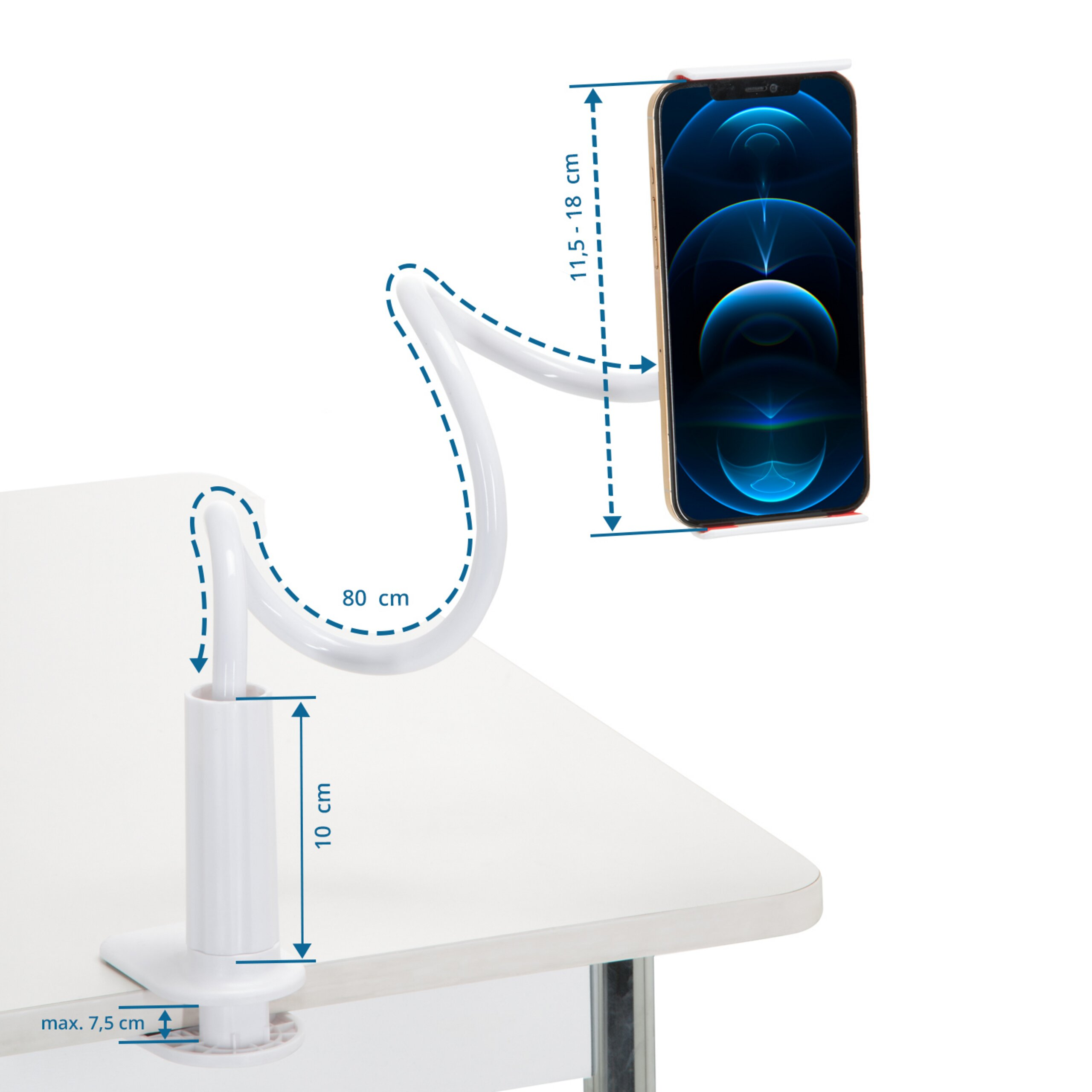 Weißer, flexibler Handyhalter an einem Tisch mit Maßen in cm.