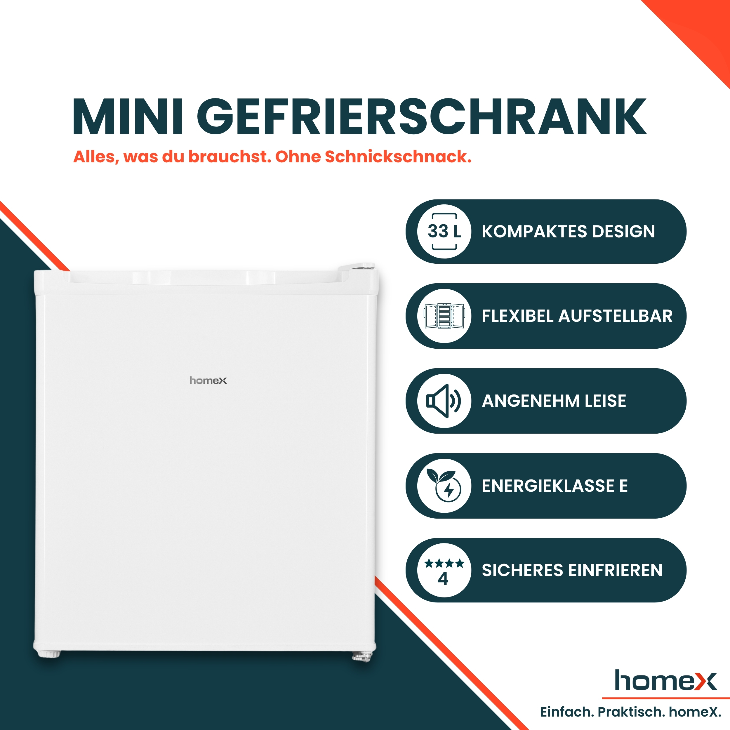 Werbebild für einen weißen Mini-Gefrierschrank mit fünf blauen Feature-Icons und deutschem Text.