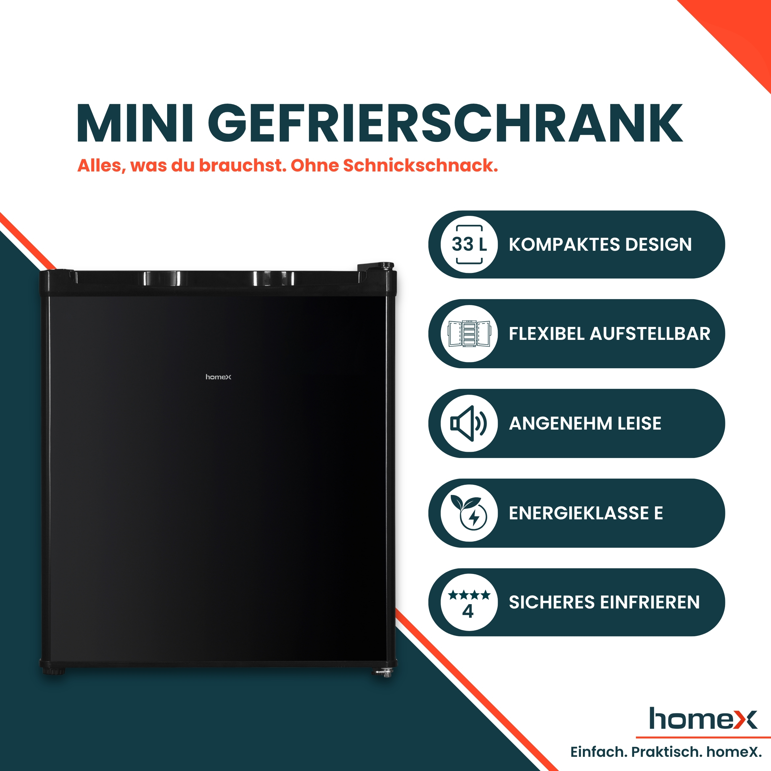 Werbebild für einen schwarzen Mini-Gefrierschrank mit fünf Feature-Icons und deutschem Text auf weißem Grund.