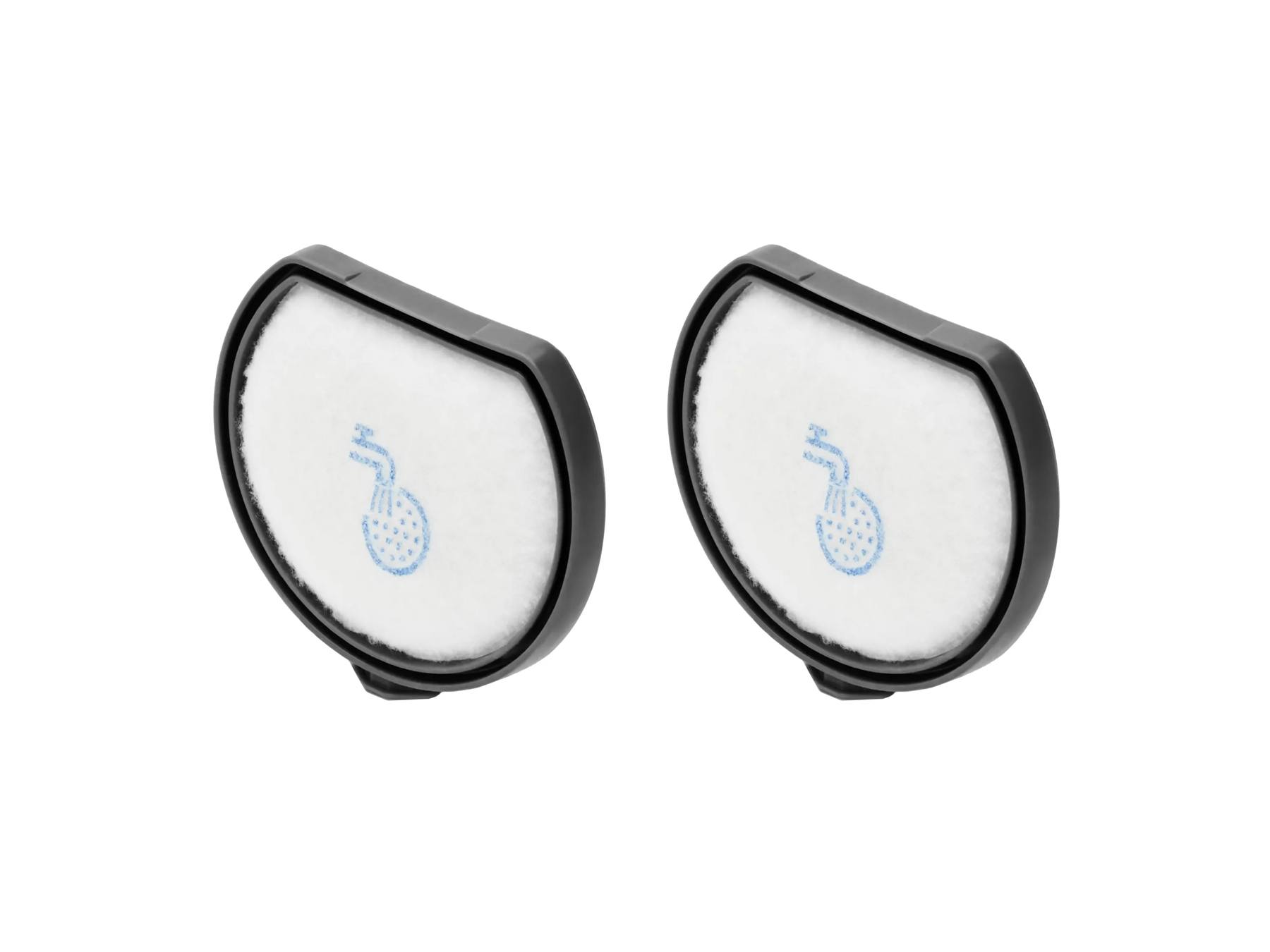 Dos filtros de plástico negro con inserciones blancas y símbolos de ducha azules sobre fondo blanco.