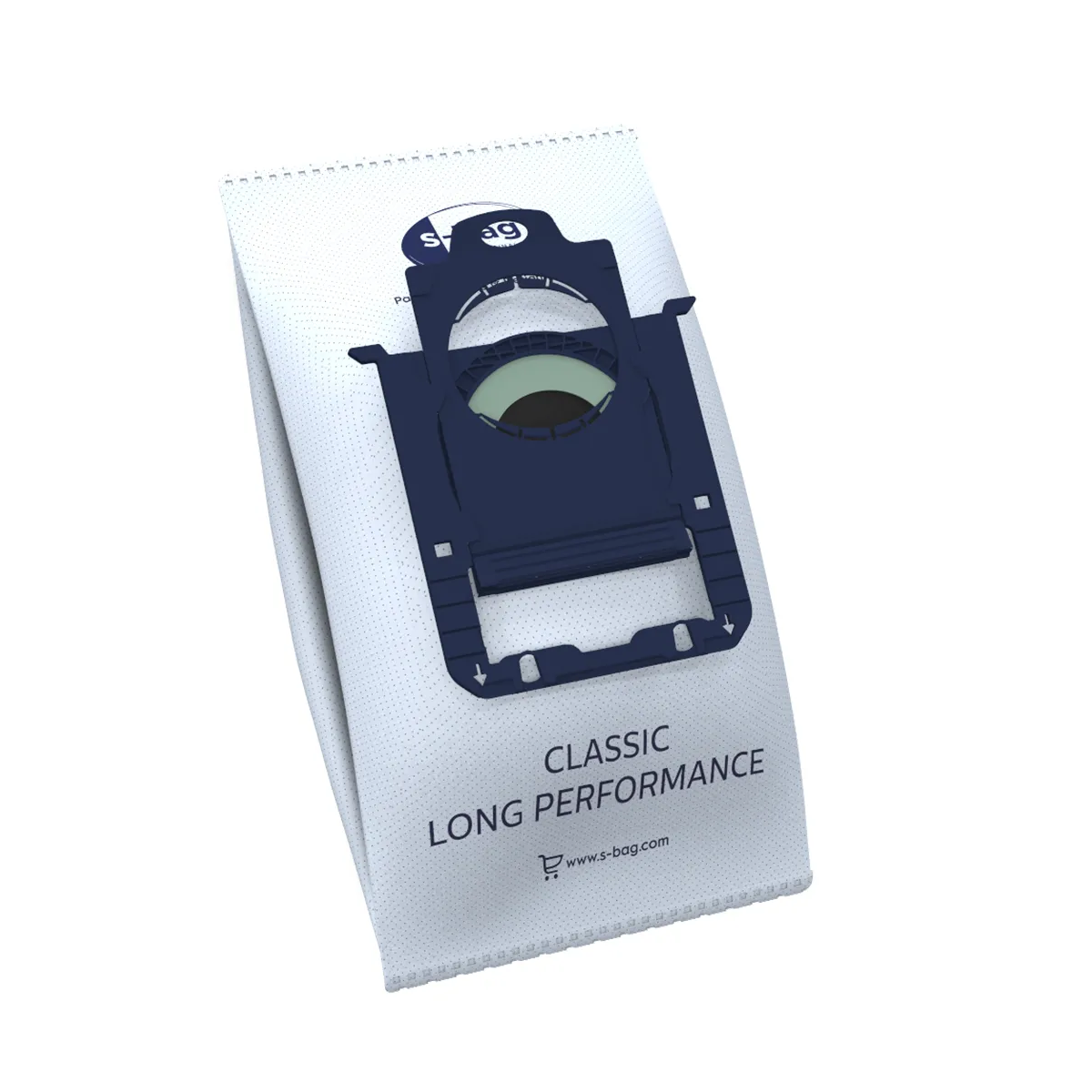 Un sacchetto per aspirapolvere bianco classic long performance con chiusura in plastica blu scuro su sfondo bianco.