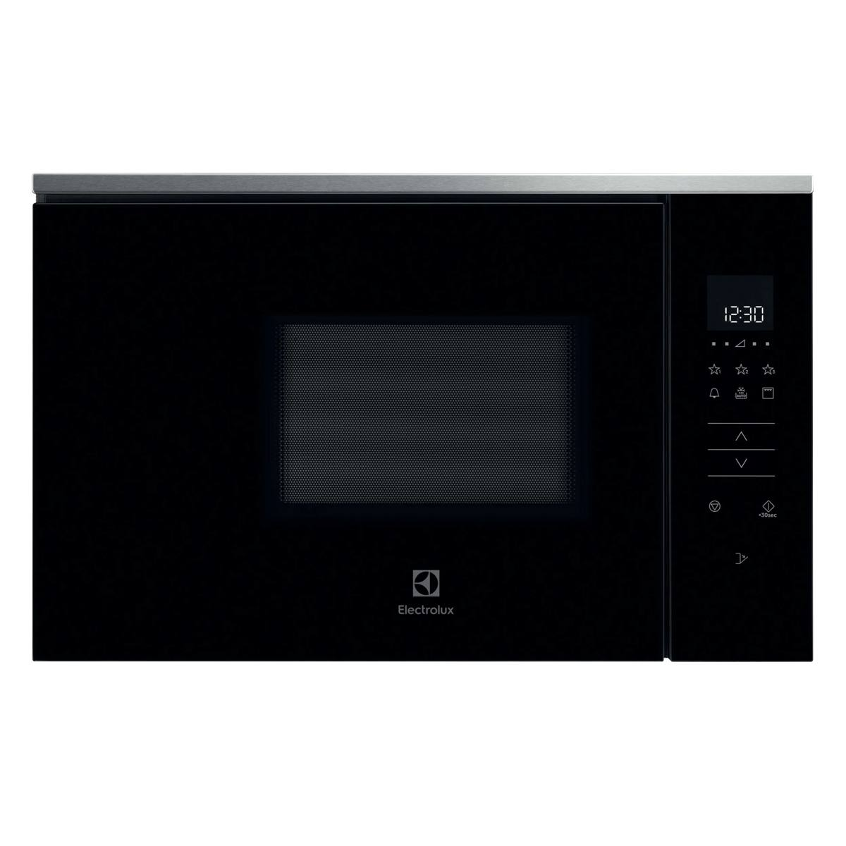 Microondas Electrolux negro con moldura de acero inoxidable y panel táctil digital.