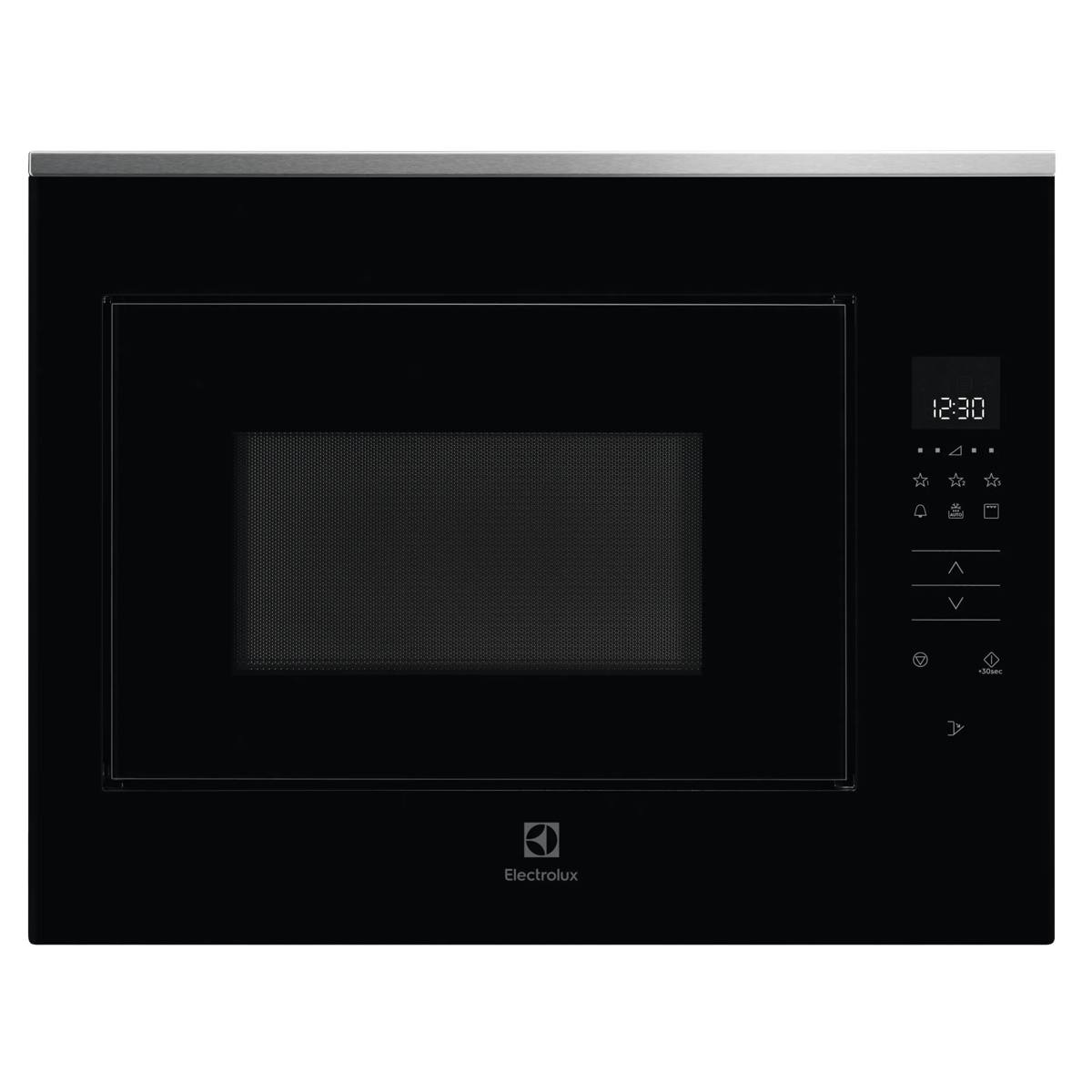 Un microondas empotrable Electrolux negro con pantalla digital y controles táctiles a la derecha.