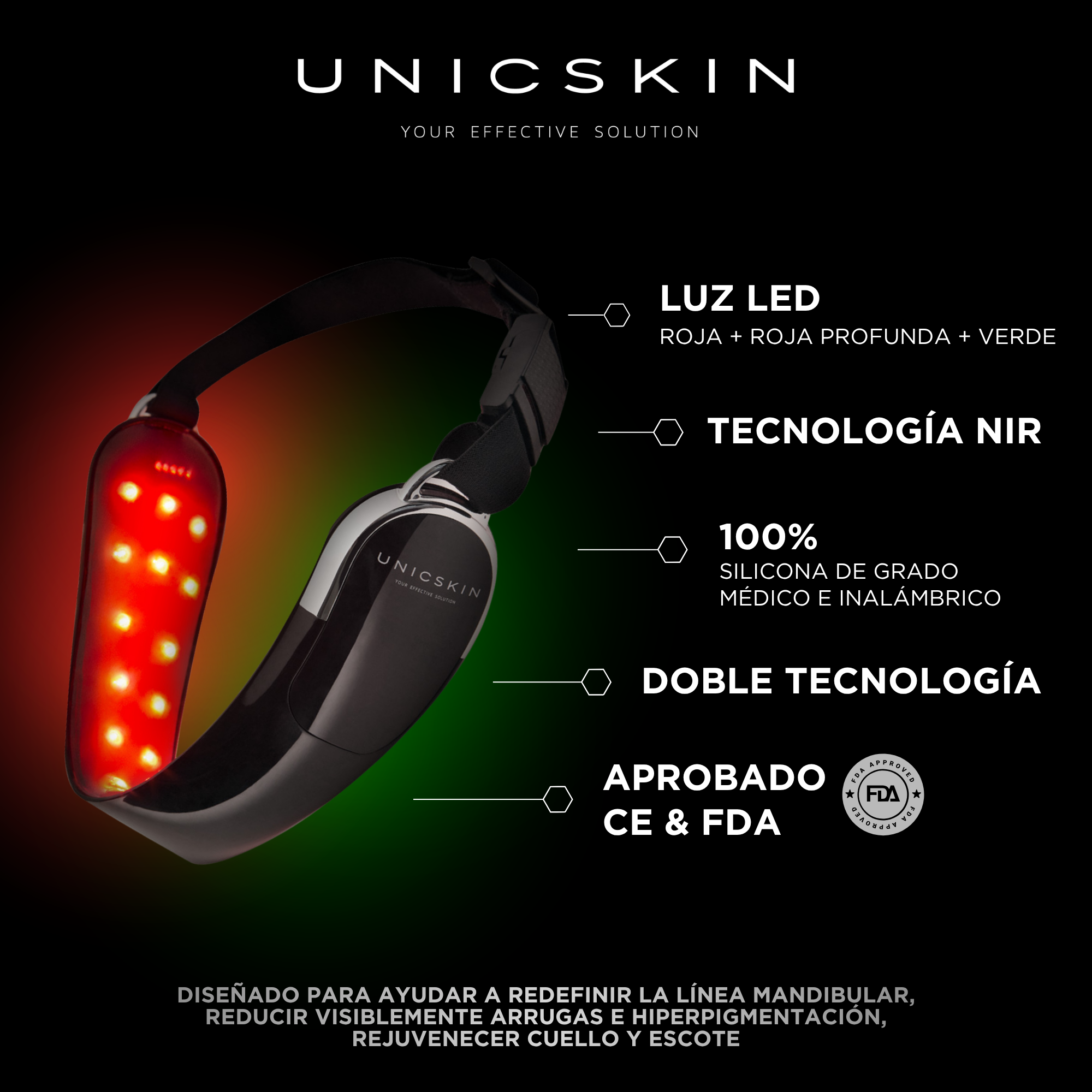 Máscara LED para cuello Unicskin con luz roja, tecnología NIR y silicona médica sobre fondo negro.