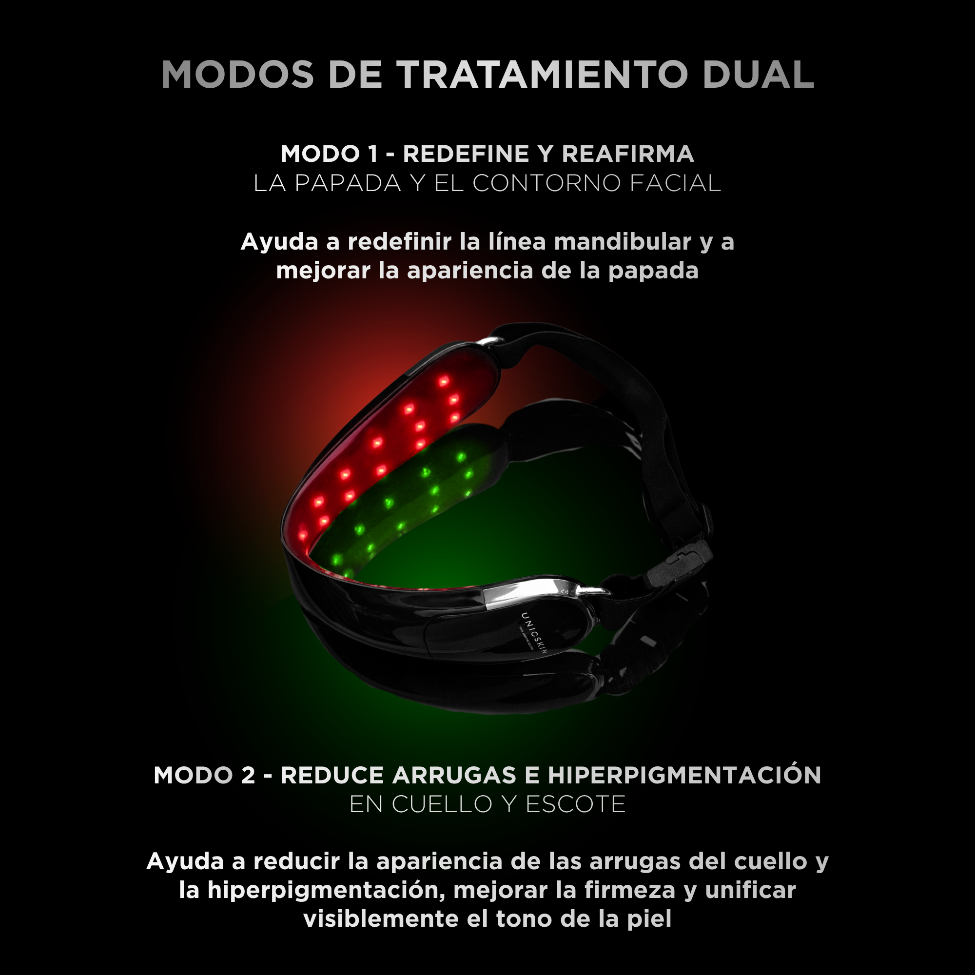 Un dispositivo negro con luces LED rojas y verdes sobre fondo negro con texto blanco.