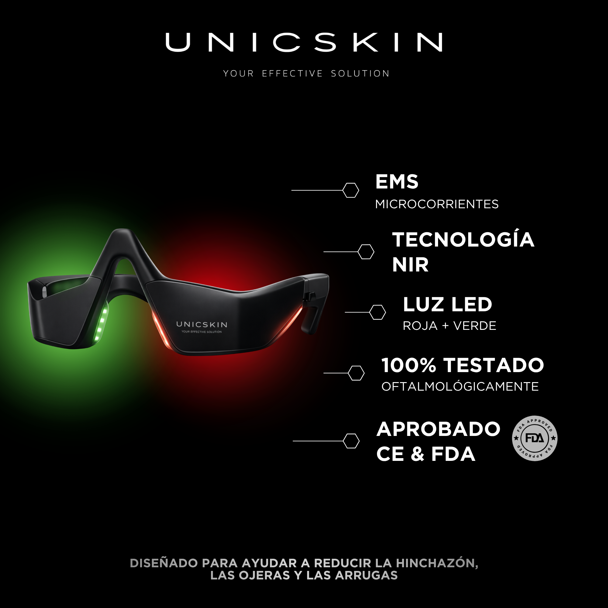 Dispositivo facial LED negro con luz verde y roja, EMS y tecnología NIR para reducir arrugas.