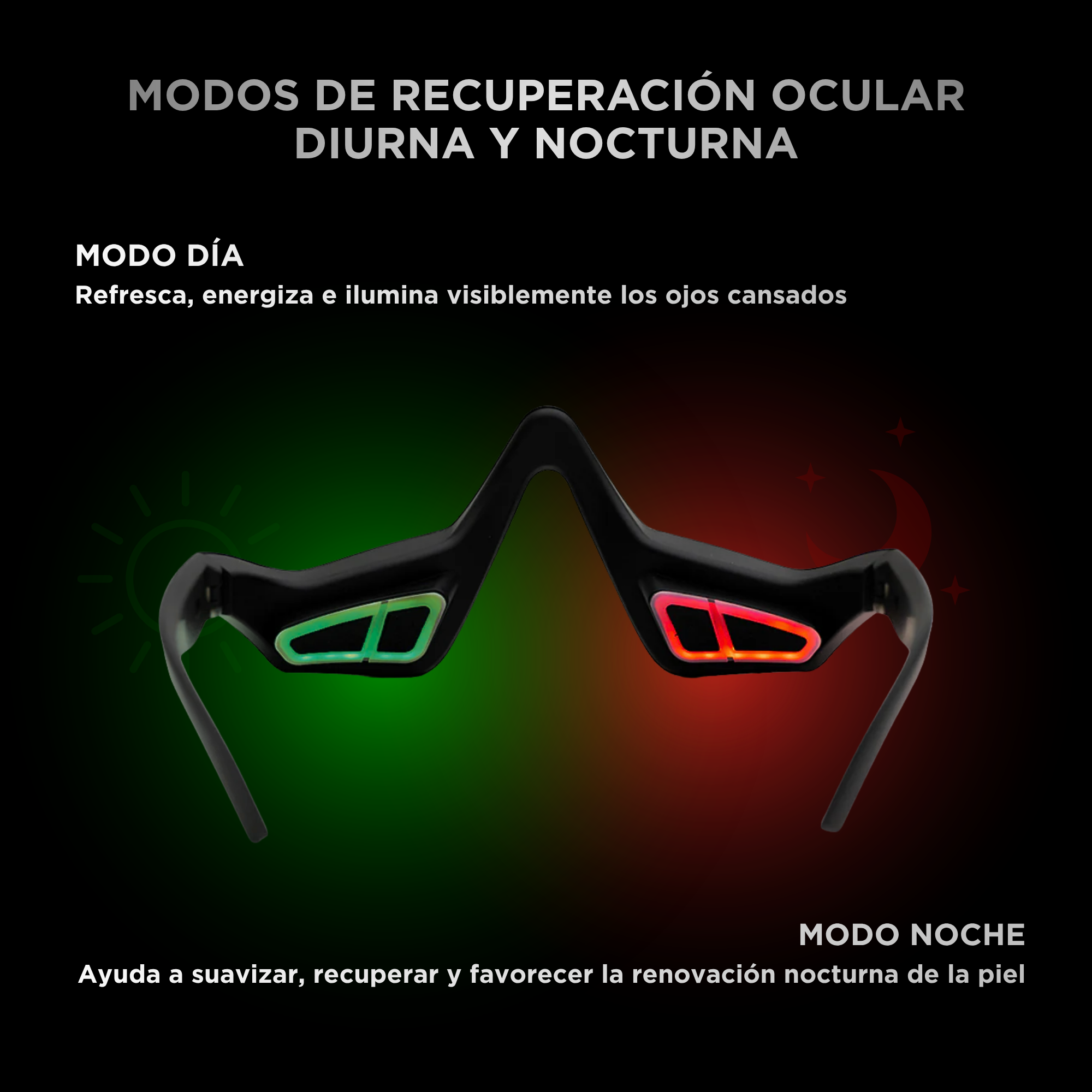 Mascara negra con luz verde y roja, rodeada de texto sobre fondo oscuro.