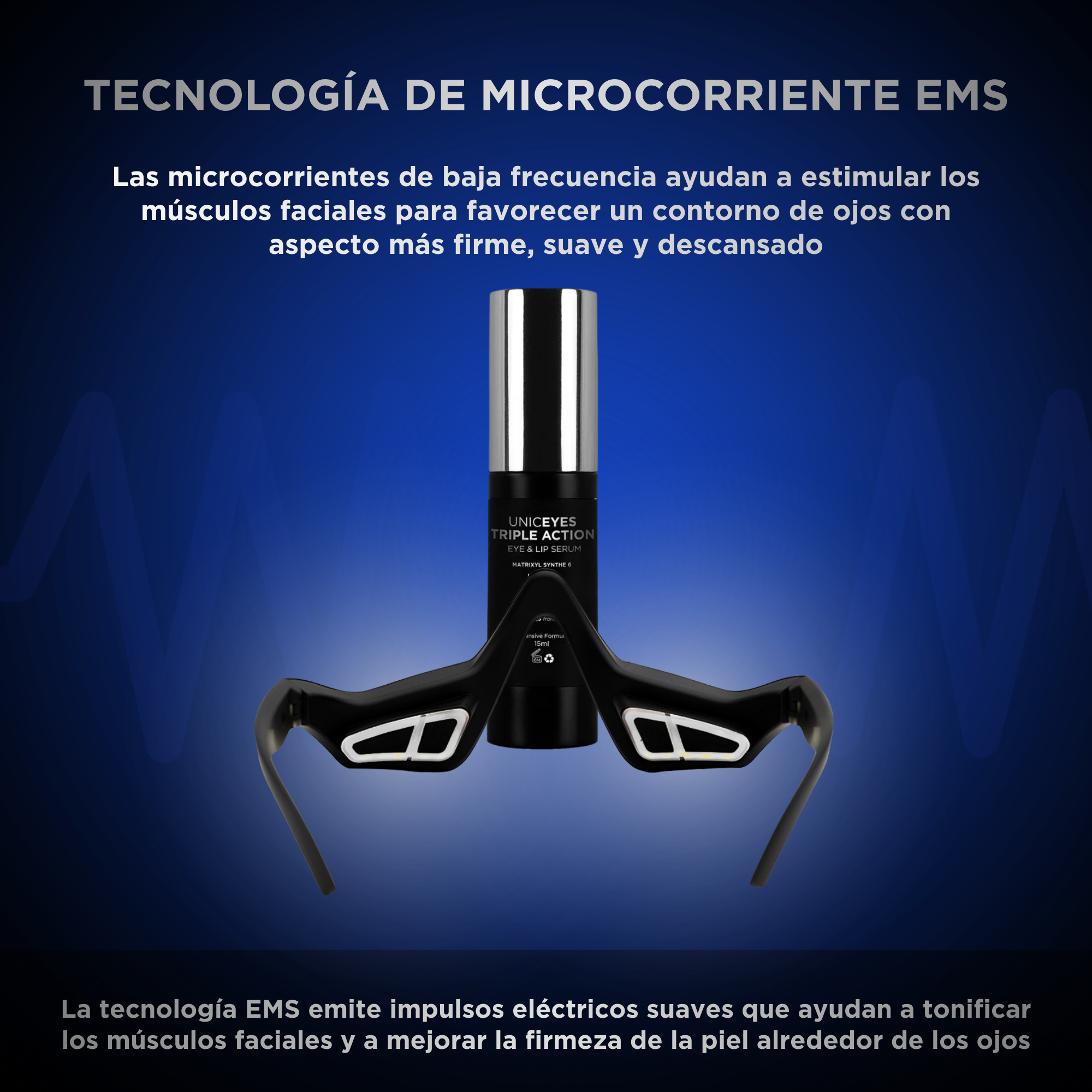 Dispositivo de microcorriente EMS con frasco de sérum sobre fondo azul con texto en español sobre contorno de ojos.