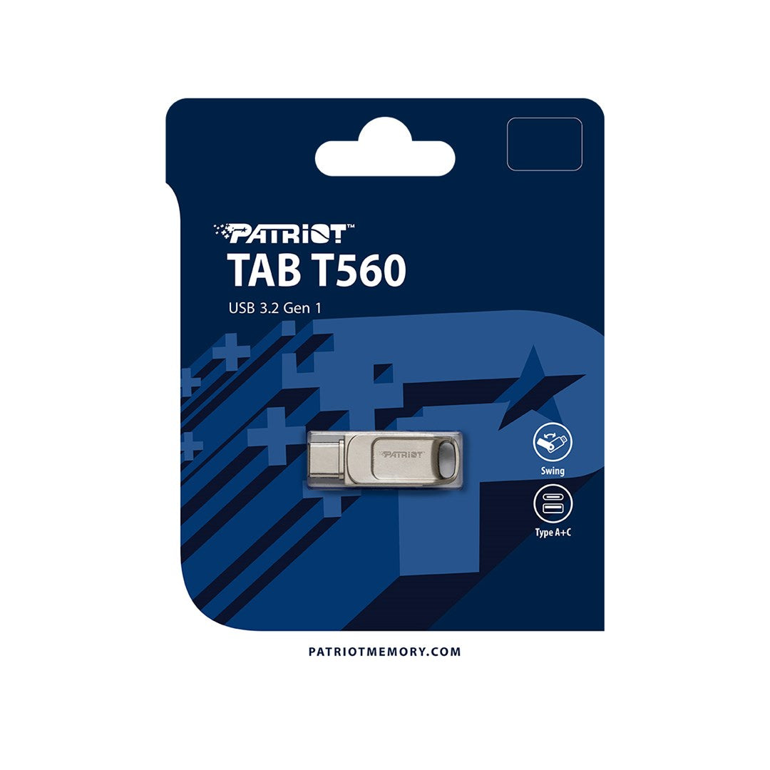 Przenośna pamięć USB Patriot TAB T560 USB 3.2 Gen 1 w niebiesko-białym opakowaniu.