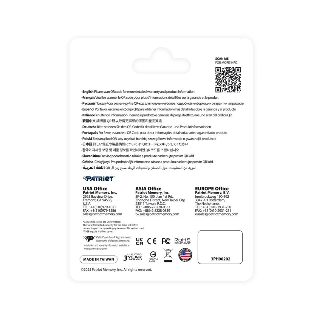 Tył opakowania produktu z wielojęzycznymi instrukcjami, kodem QR i adresami firmowymi.
