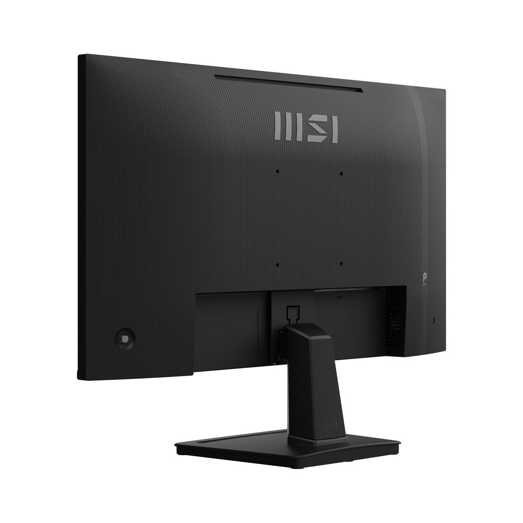 La parte trasera de un monitor de ordenador MSI negro con soporte sobre fondo blanco.
