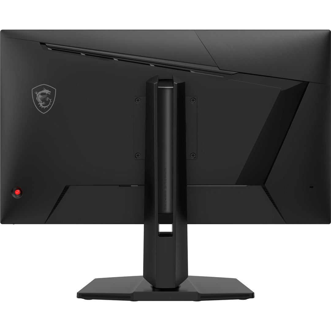 Widok z tyłu czarnego monitora gamingowego MSI z podstawką i czerwonym przyciskiem zasilania na białym tle.