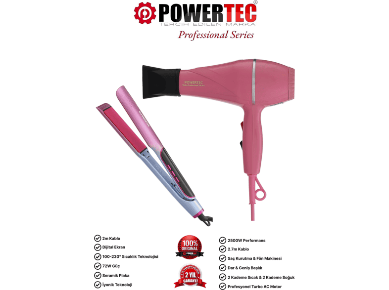 POWERTEC TR-501 Profesyonel Fön + TR-2830 IonTech 1900 W Saç Kurutma Makinesi Pembe