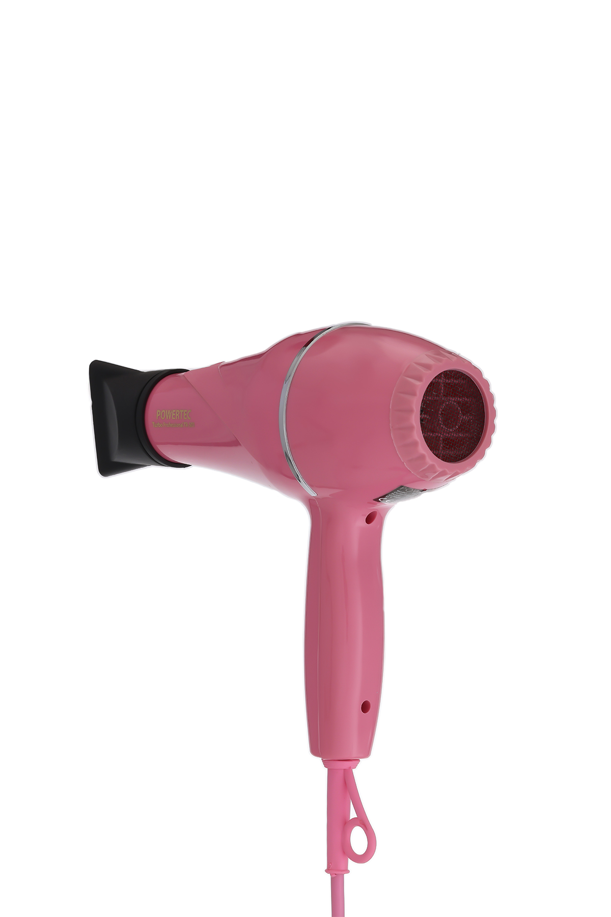 Beyaz arka planda siyah başlığı ve kablosu olan pembe saç kurutma makinesi.