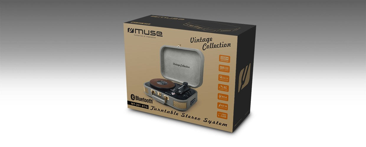 Caja de embalaje de un tocadiscos vintage gris Muse MT-201 BTG.
