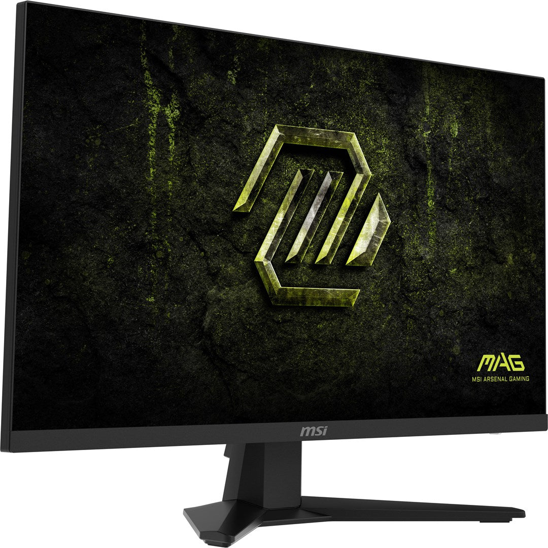 Czarny monitor gamingowy MSI ze złotym logo na ciemnym, teksturowanym tle.