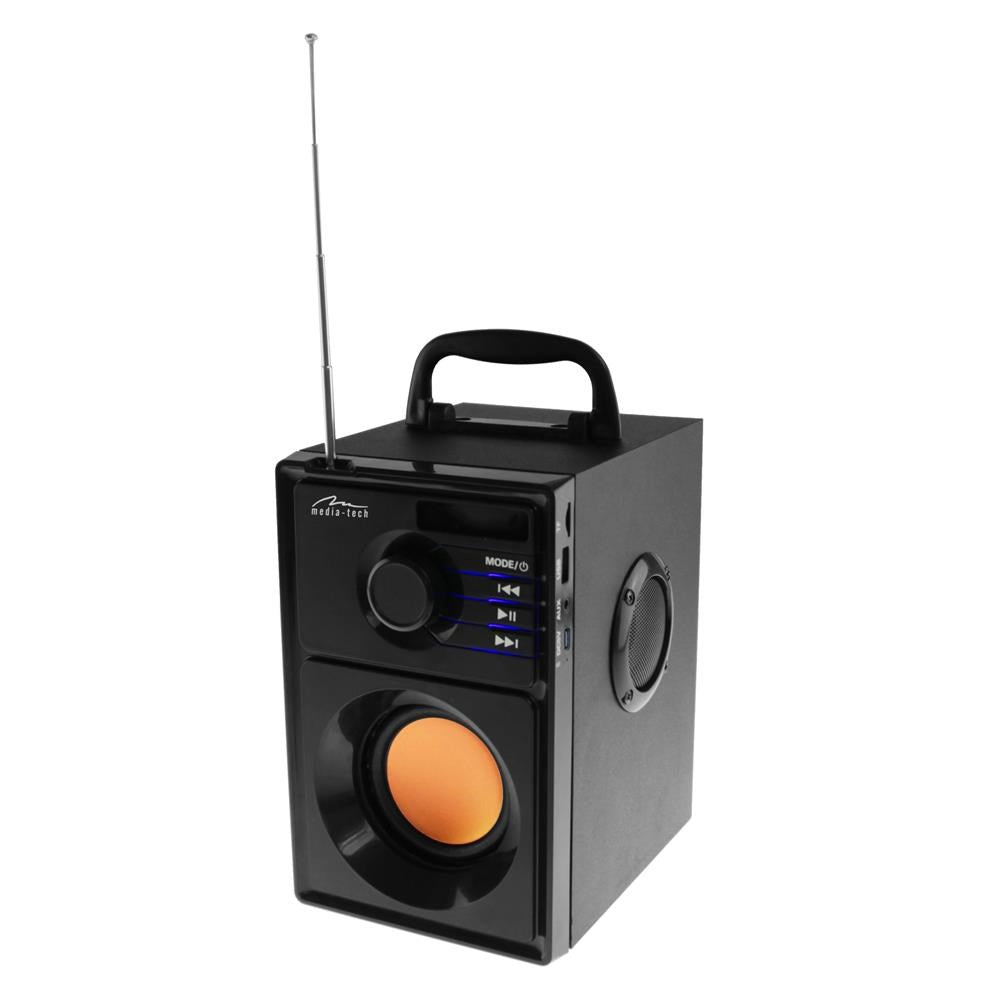 Czarne przenośne radio z anteną, przyciskami, uchwytem i okrągłym pomarańczowym głośnikiem z przodu.