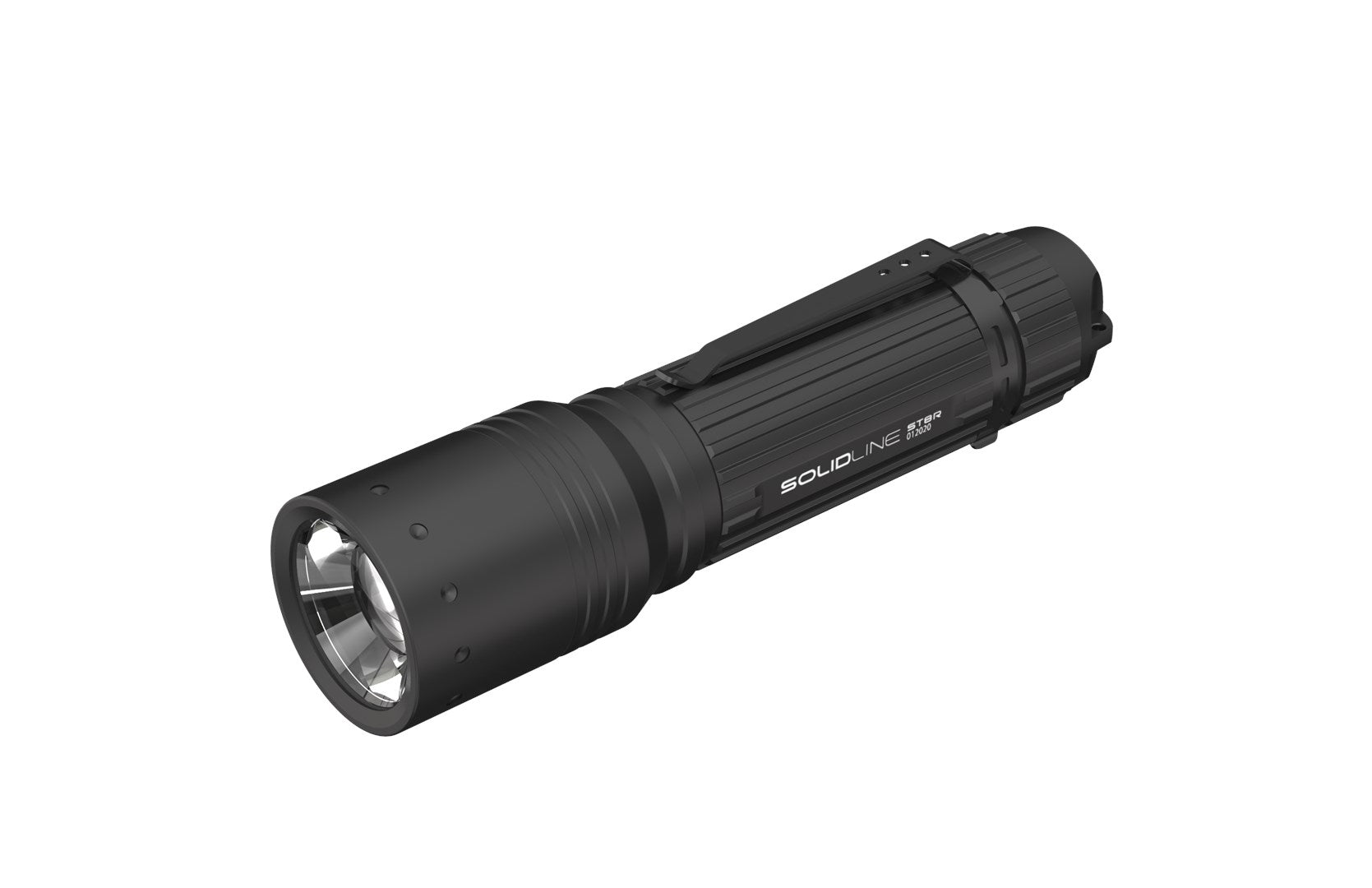Eine schwarze Solidline ST8R Taschenlampe mit Clip ist auf weißem Hintergrund dargestellt.