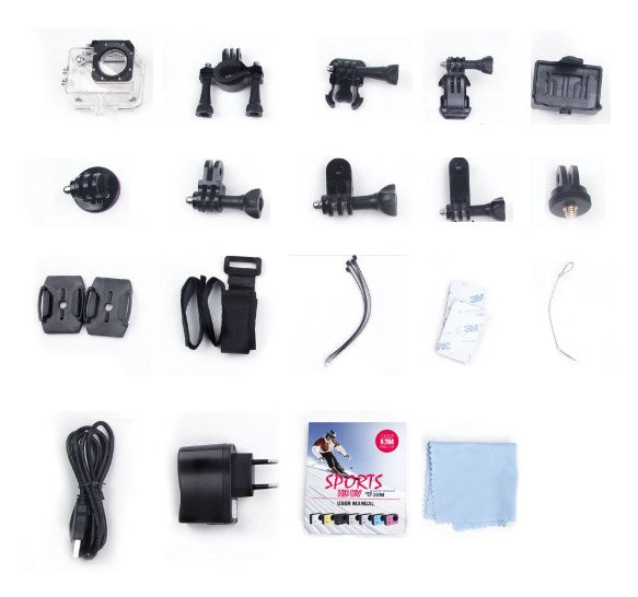 Verschiedene schwarze Action-Cam-Halterungen, wasserdichtes Gehäuse, Gurte, Kabel, Ladegerät, Handbuch und Tuch.