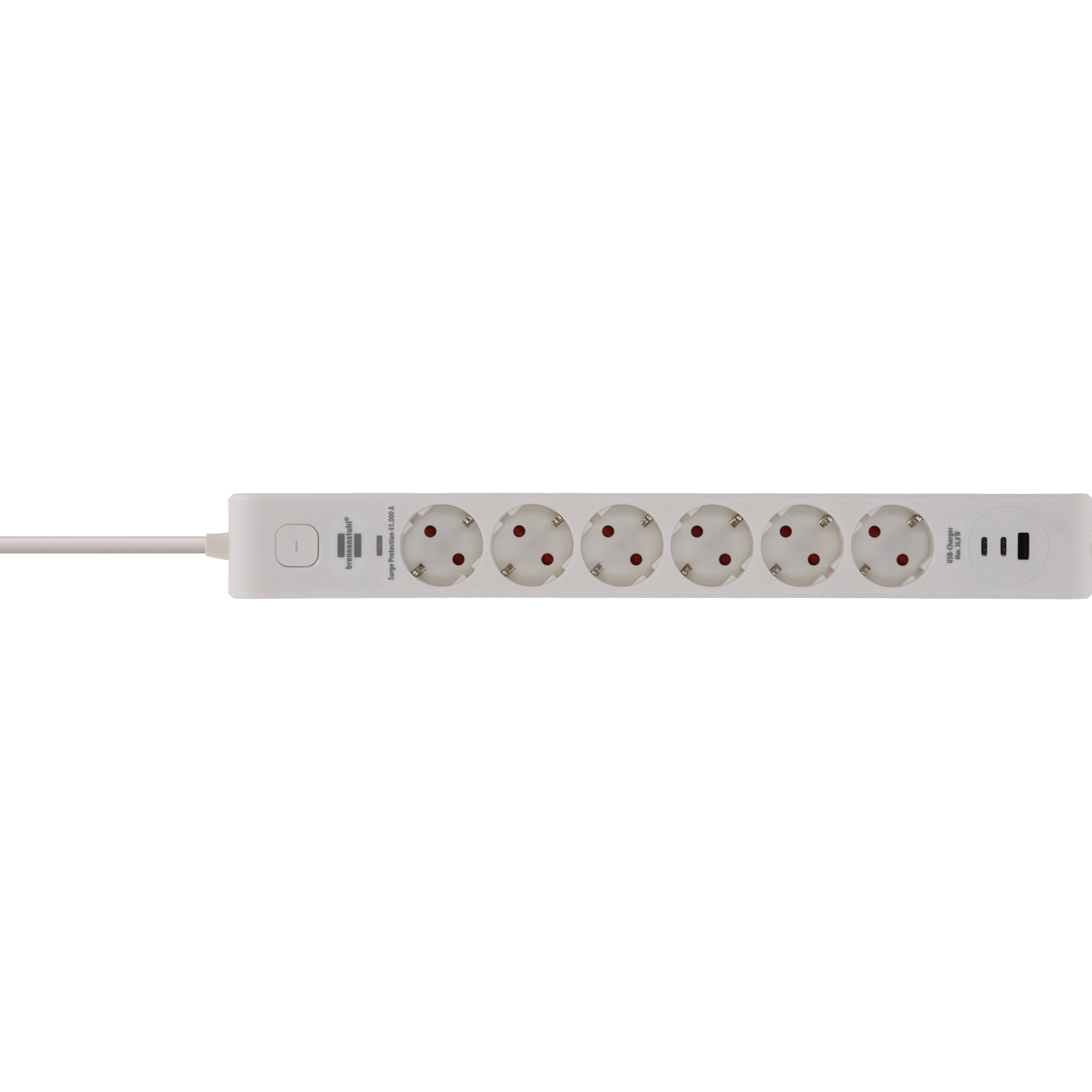 Eine weiße Steckdosenleiste mit sechs Steckdosen, einem Schalter und zwei USB-Anschlüssen auf weißem Hintergrund.