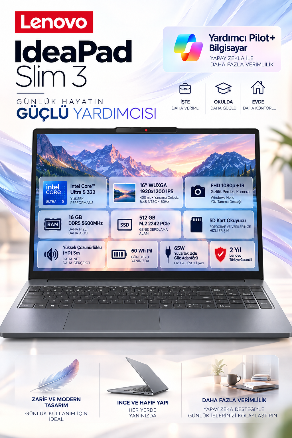 Teknik özellikler ve tanıtım metinleriyle gösterilen Lenovo IdeaPad Slim 3.