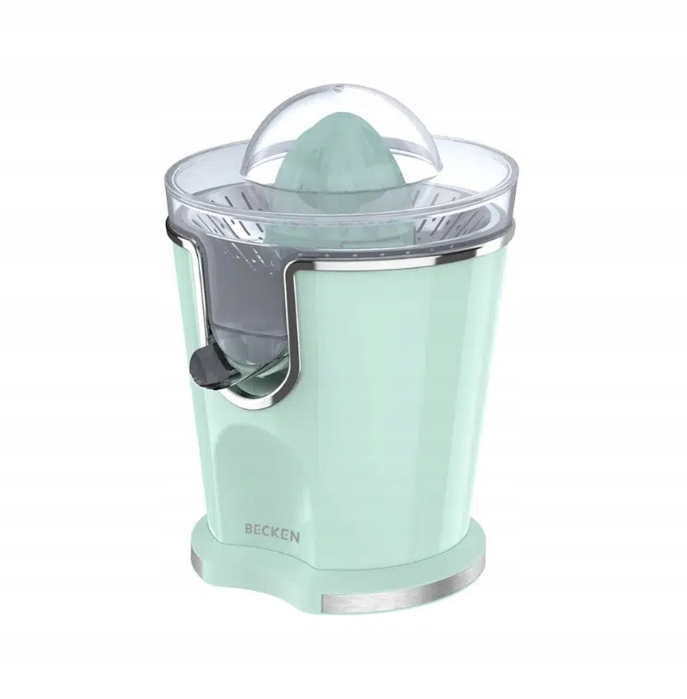 Pastelowo zielona elektryczna wyciskarka do cytrusów z przezroczystą pokrywką.